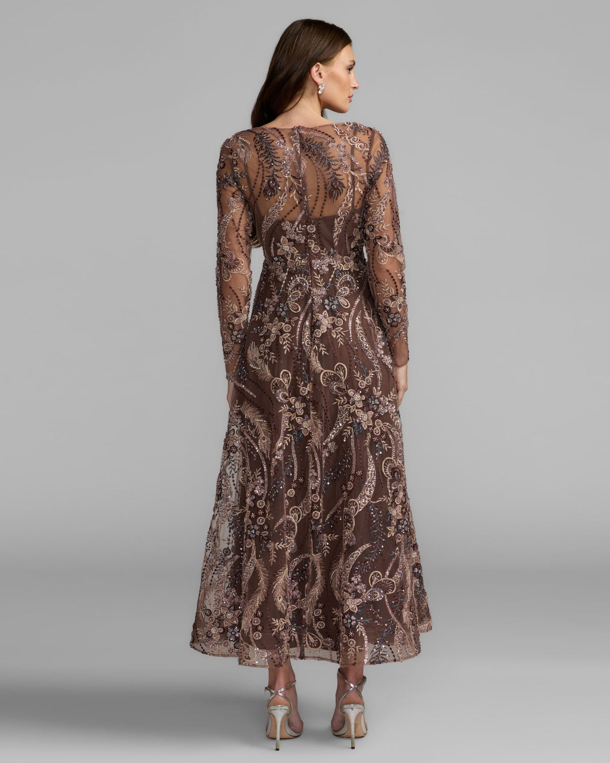 Mac Duggal Brown Beaded Embroidered Maxi Dress