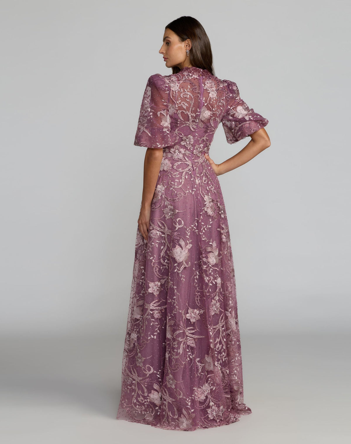 Mac Duggal Petite Purple Queen Anne Puff Sleeve Embroidered A-Line Gown
