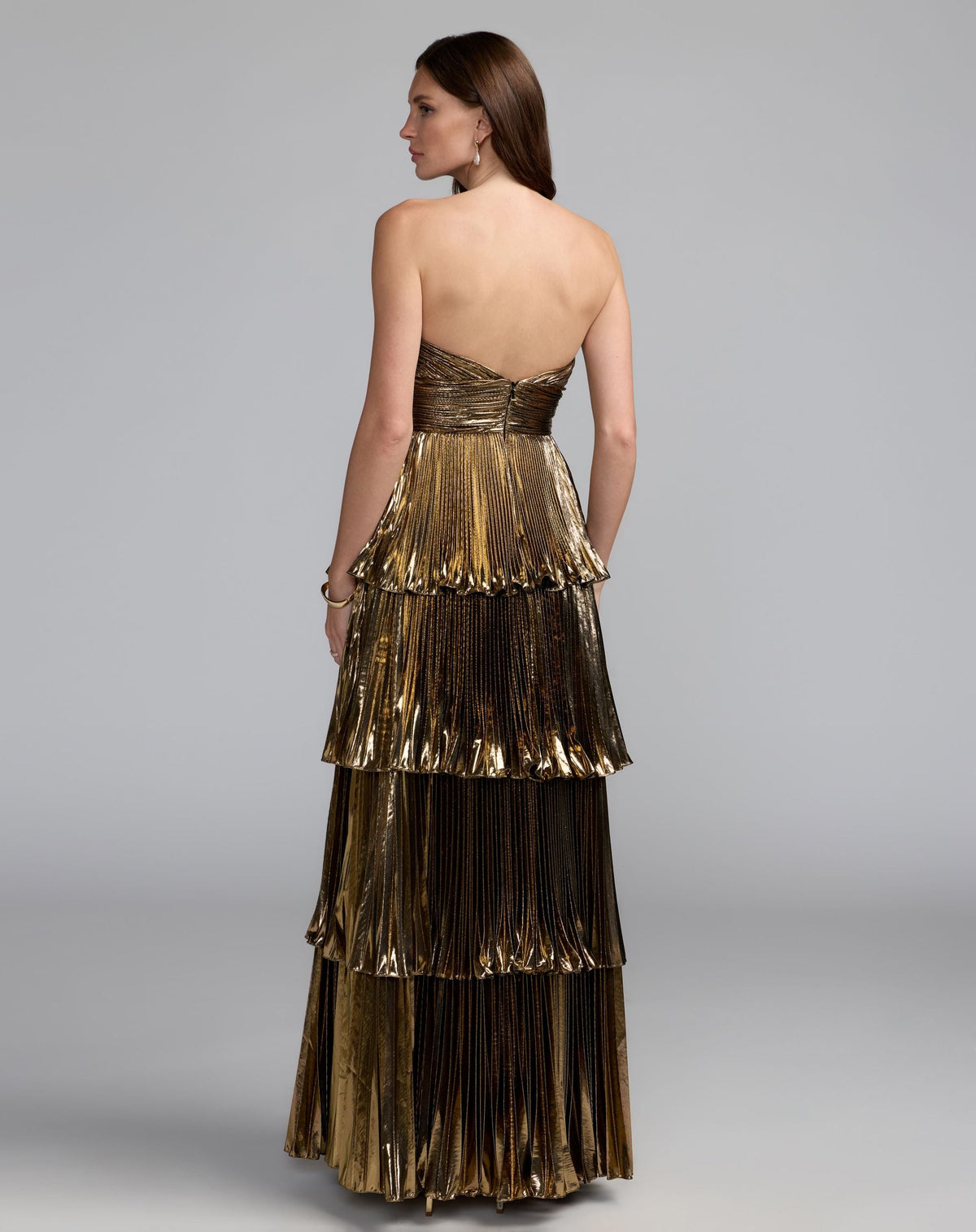Mac Duggal Petite Dark Gold Strapless Pleated Metallic Ruffle Gown