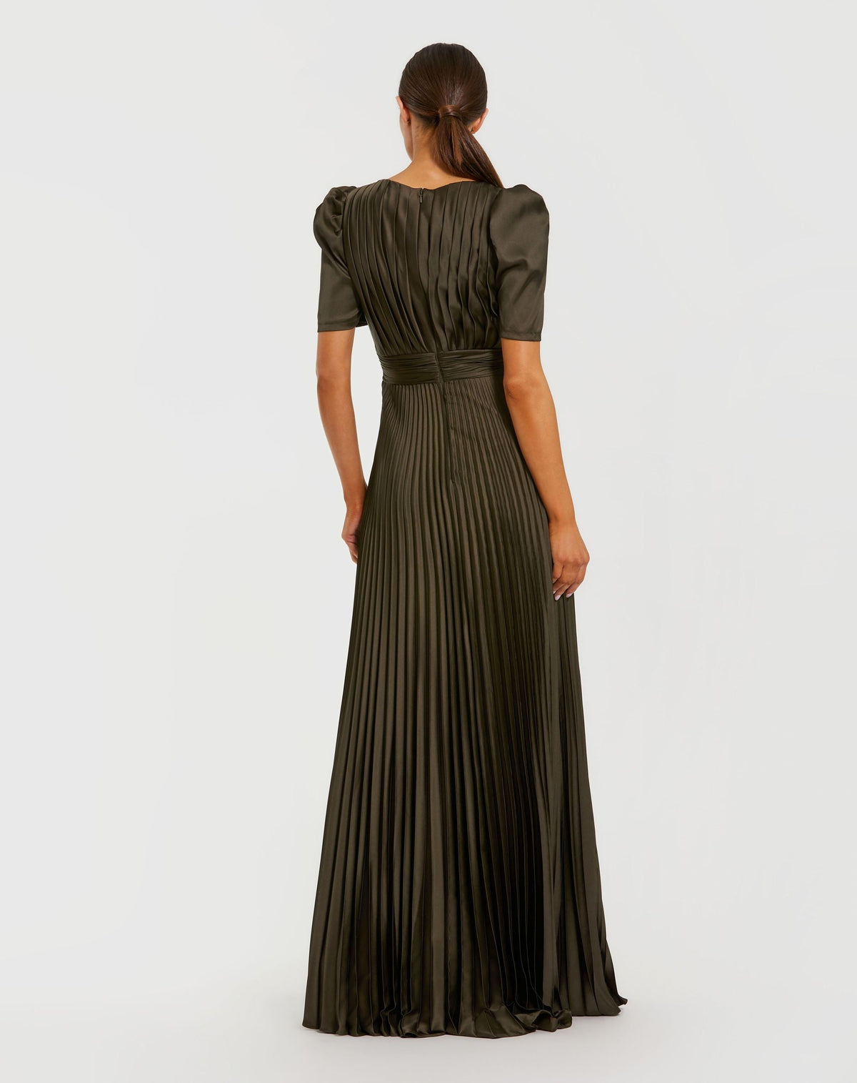 Mac Duggal Petite Olive Green Short Sleeve Pleated Evening Gown With Slit