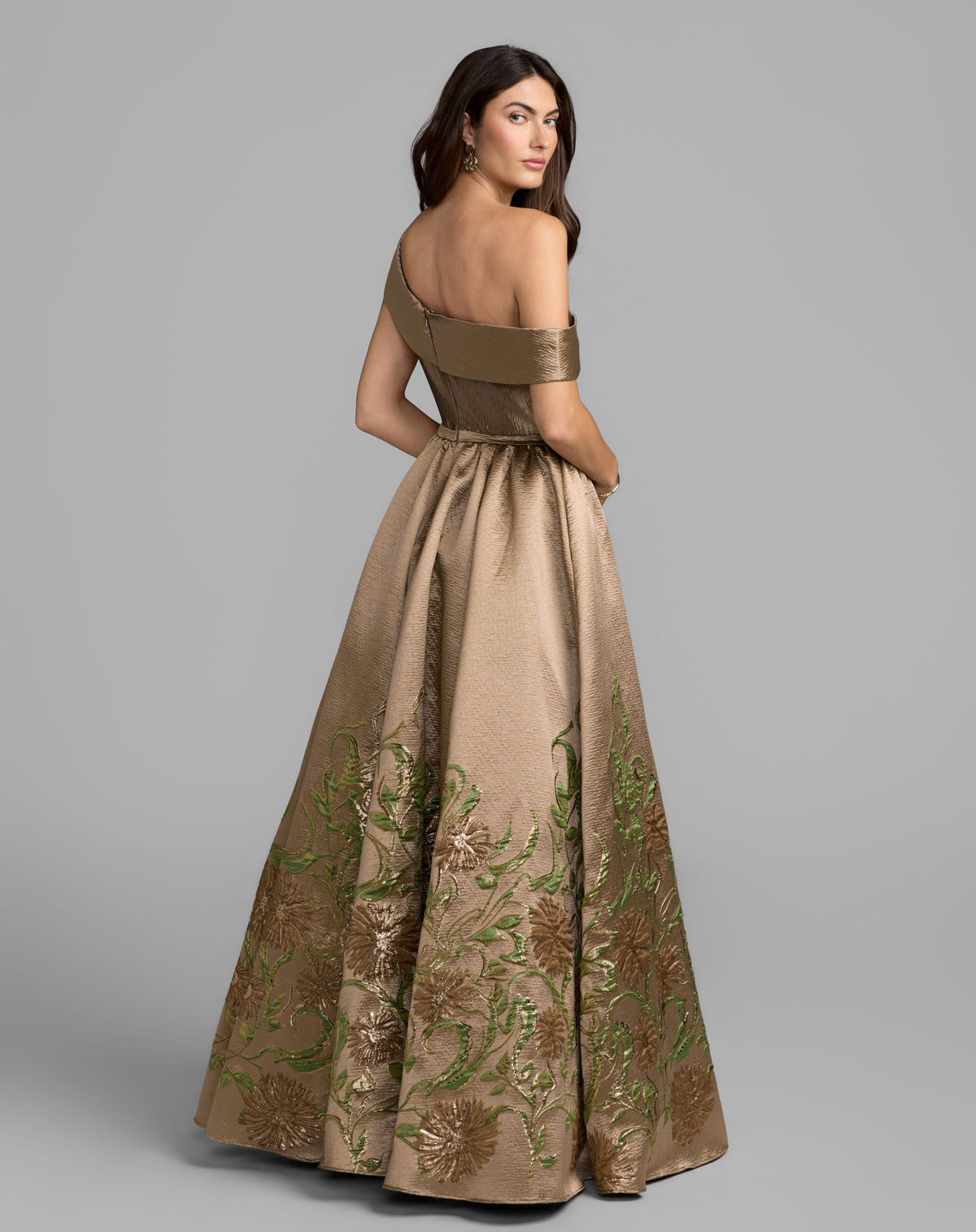 Mac Duggal Petite Beige Floral Off The Shoulder Ball Gown
