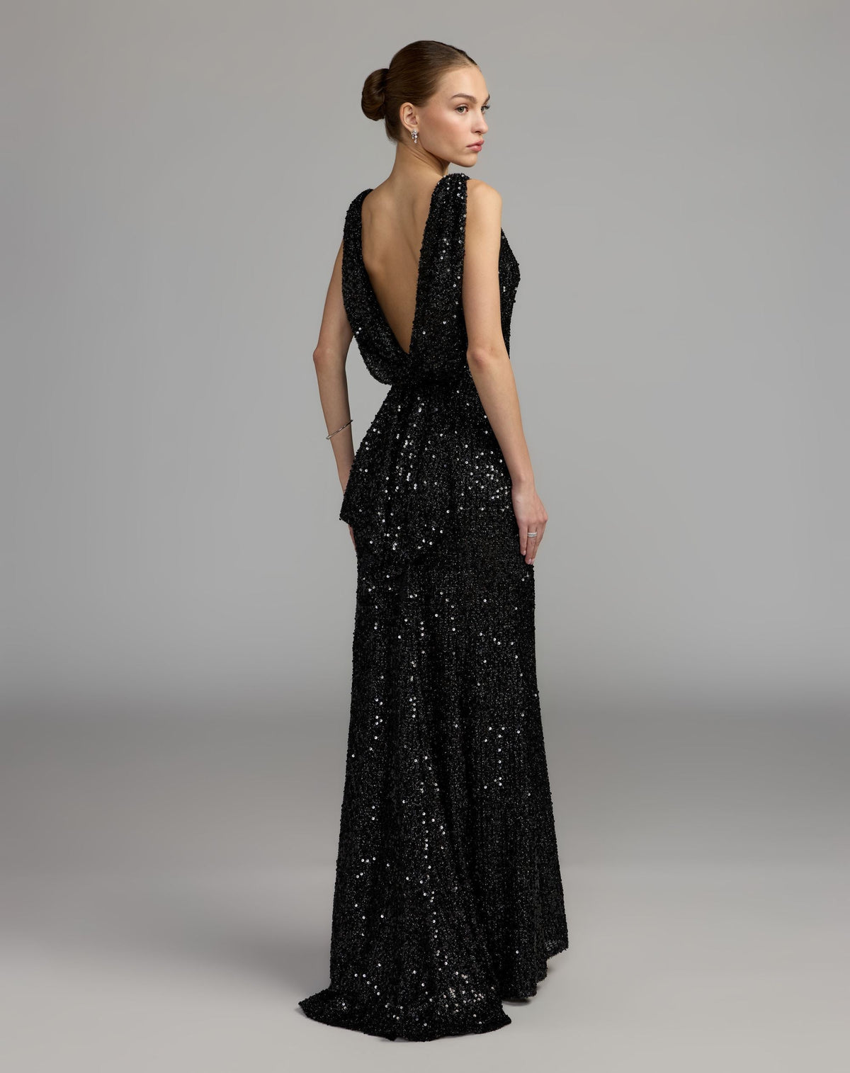 Mac Duggal Petite Black Sleeveless Cowl Back Sequin Evening Gown