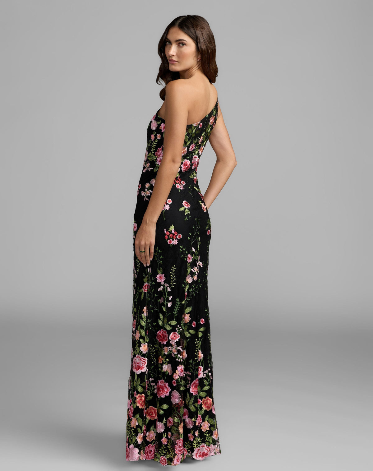 Mac Duggal Petite Black One Shoulder Floral Embroidered Gown