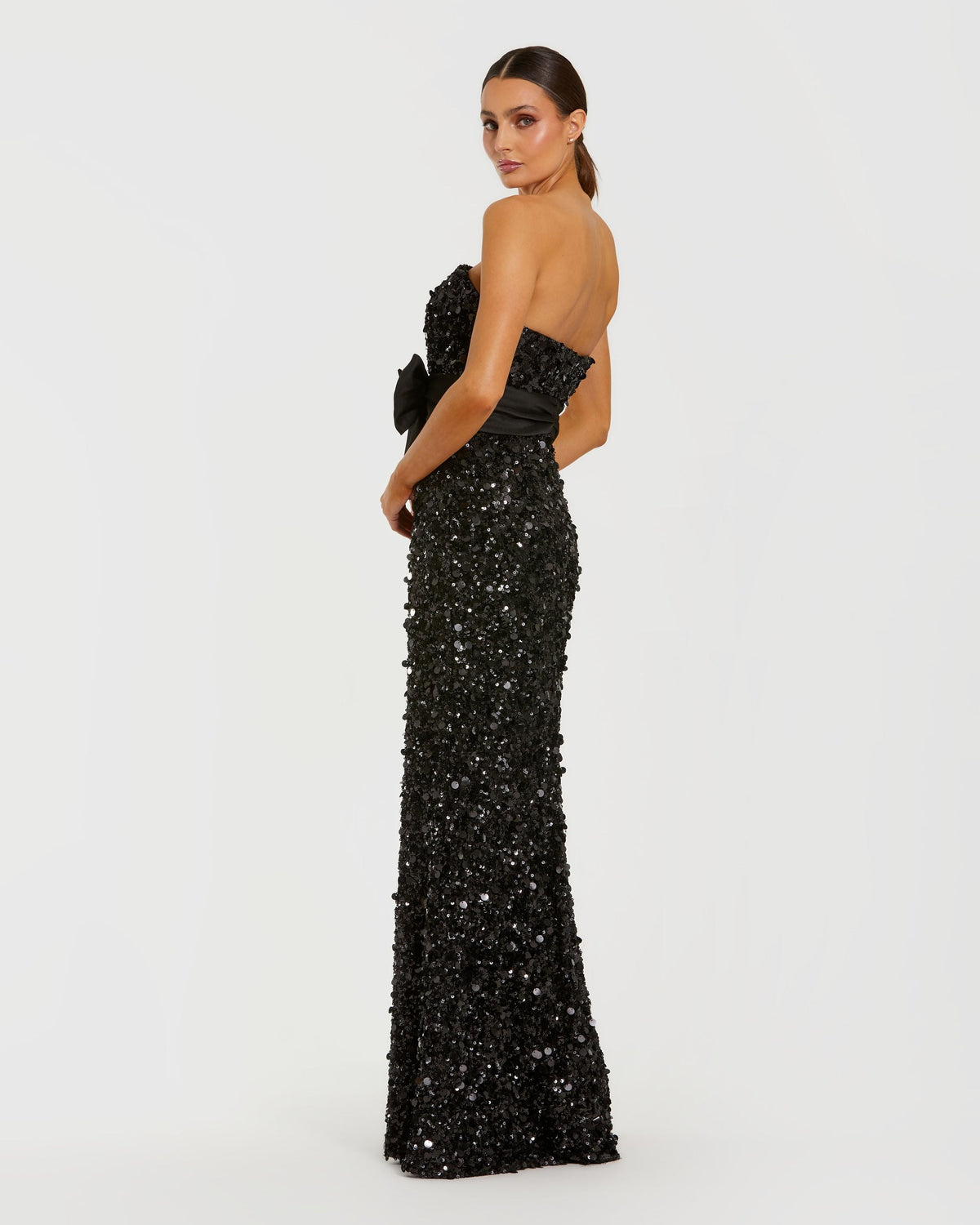 Mac Duggal Petite Black Strapless Sequin Evening Gown With Bow