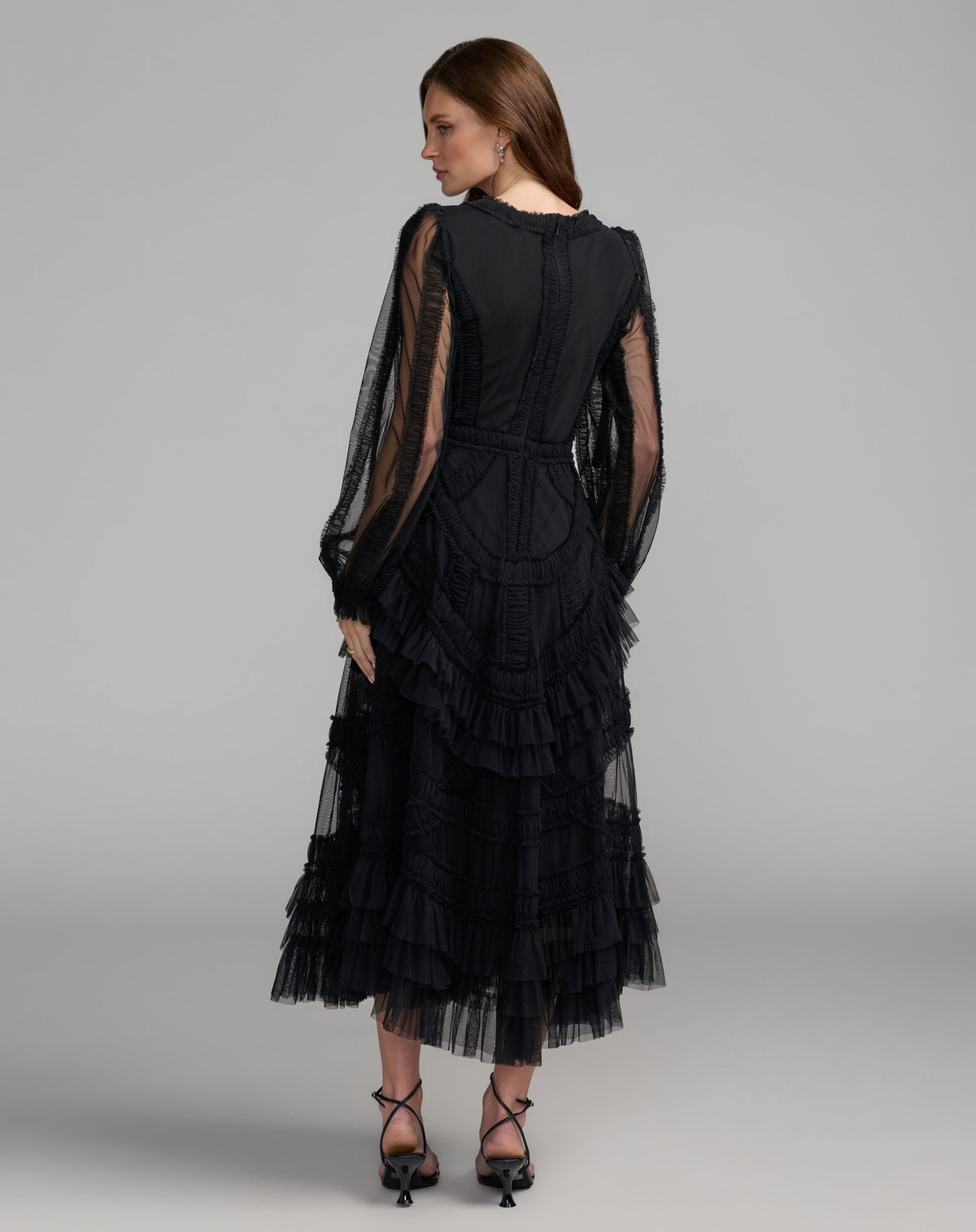 Mac Duggal Black Long Sleeve V-Neck Micro Ruffle Midi Dress