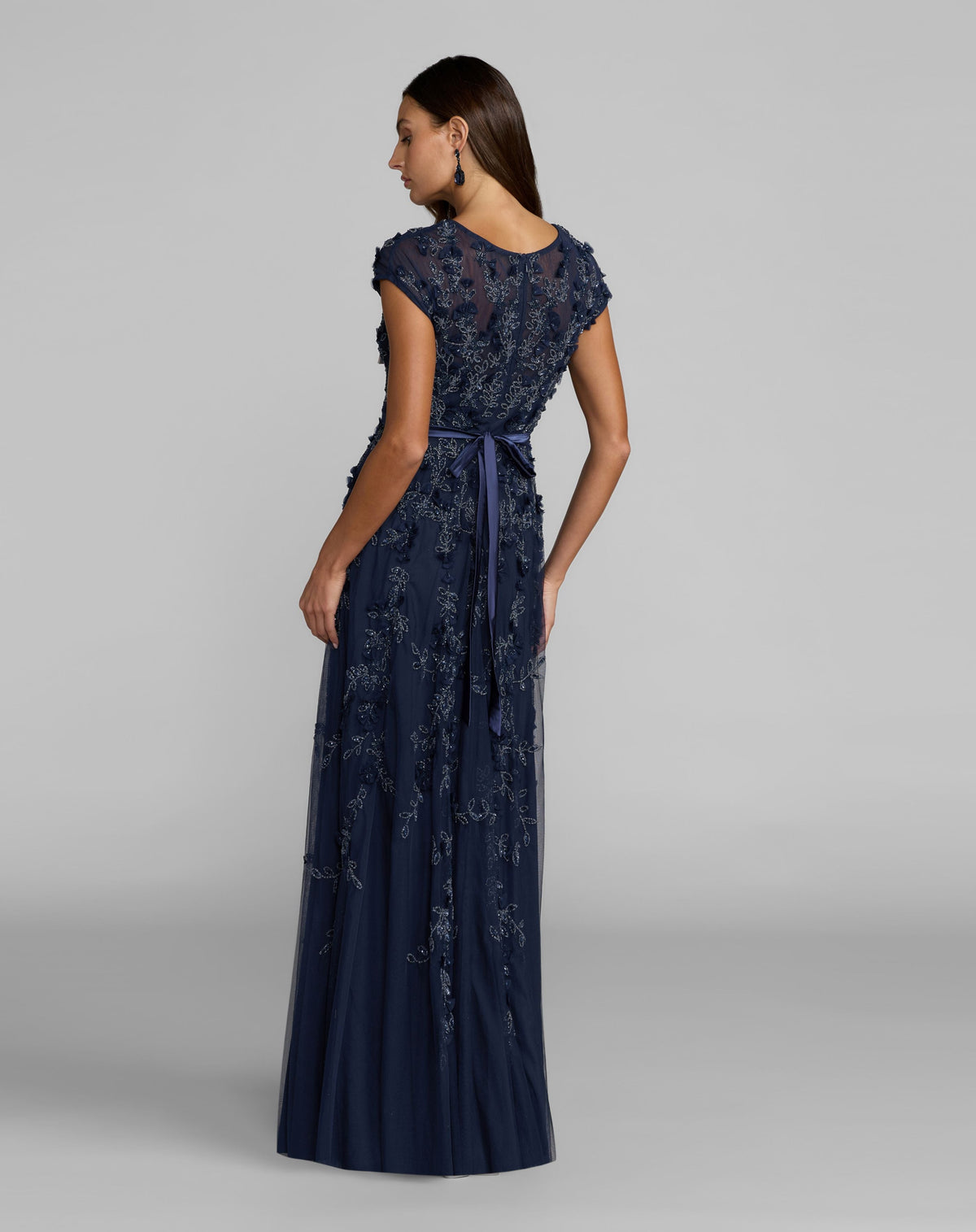 Mac Duggal Navy Floral Embellished Cap Sleeve Gown
