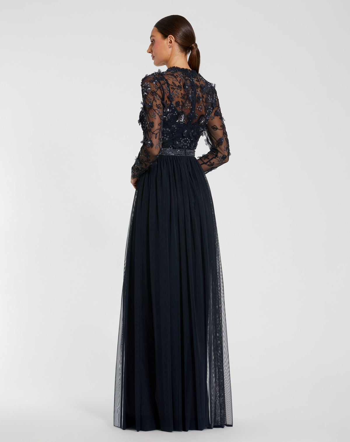 Mac Duggal Navy Embellished Illusion High Neck Long Sleeve Gown