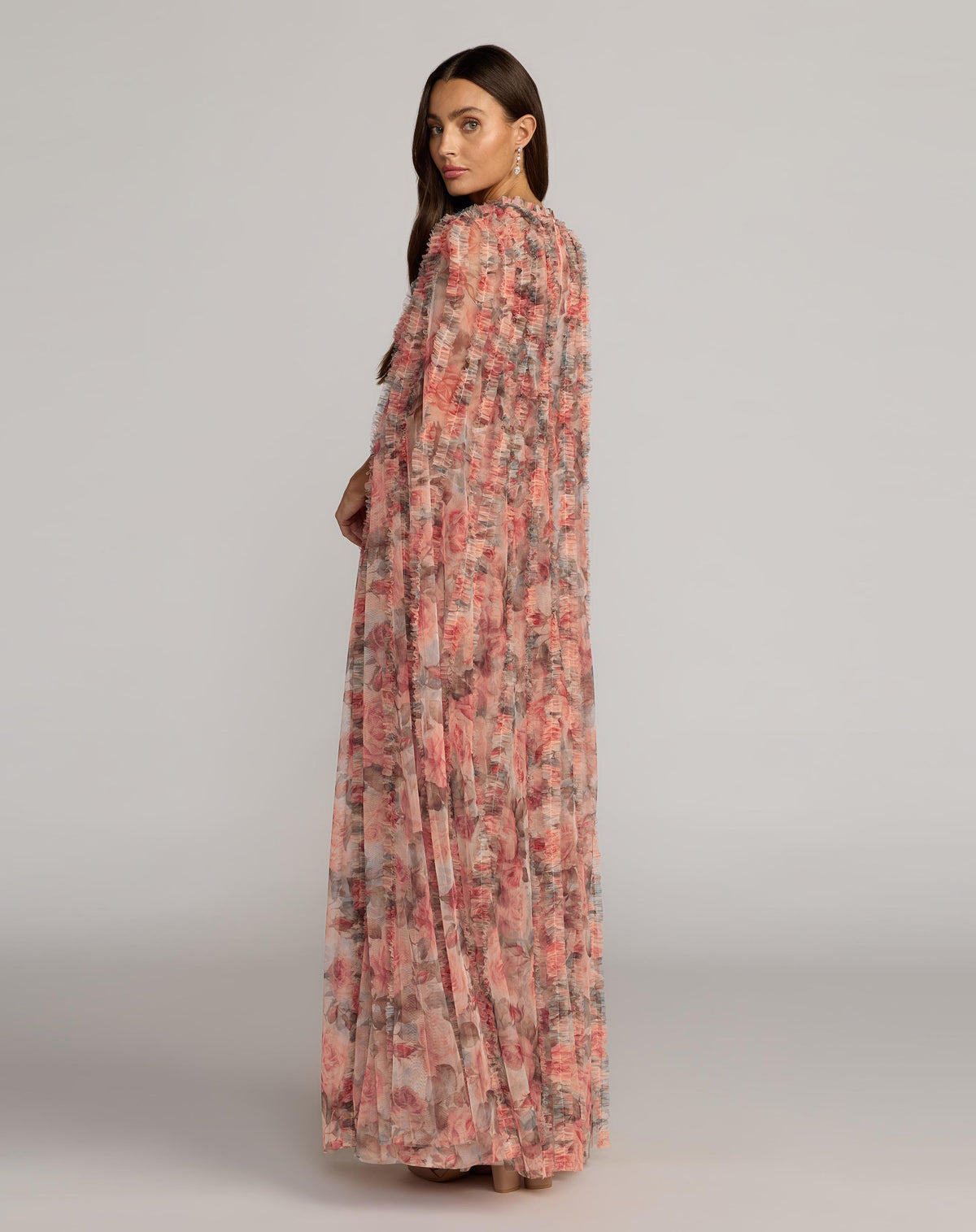 Mac Duggal Multicolor Floral High Neck Cape Sleeve Ruffle Gown