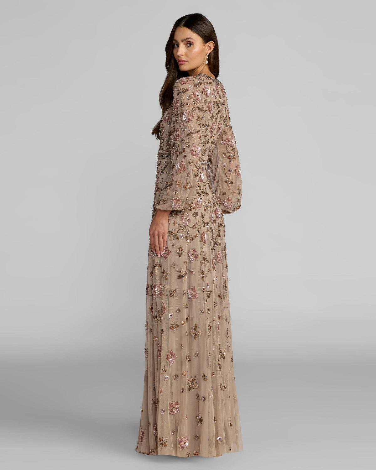 Mac Duggal Beige Crystal Beaded Floral Bishop Sleeve Gown
