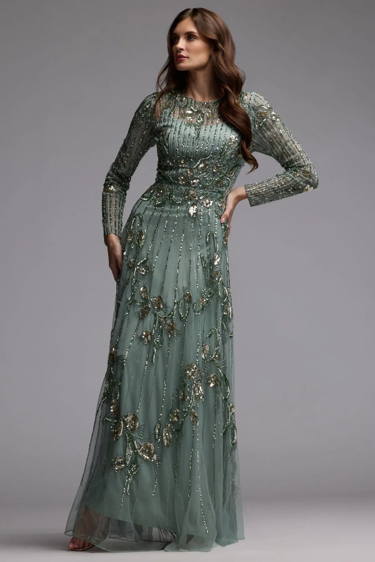 Mac Duggal Green Beaded Long Sleeve A Line Gown