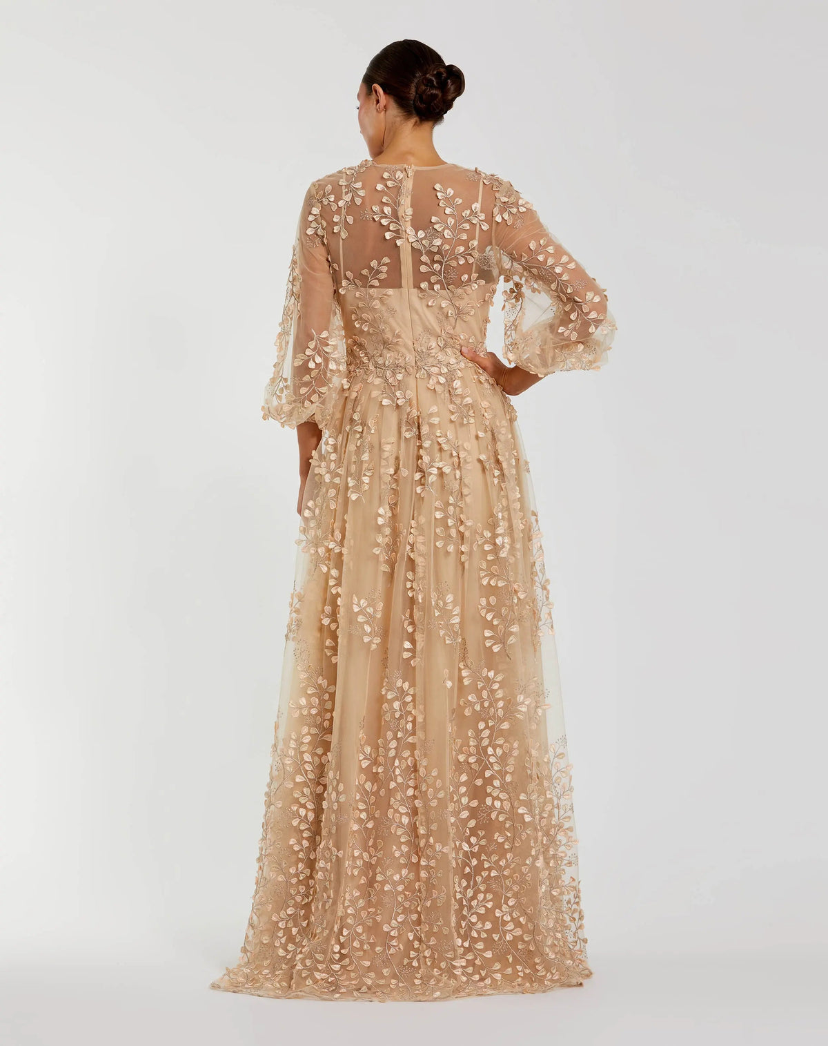 Mac Duggal Beige Embroidered Puff Sleeve A-Line Gown