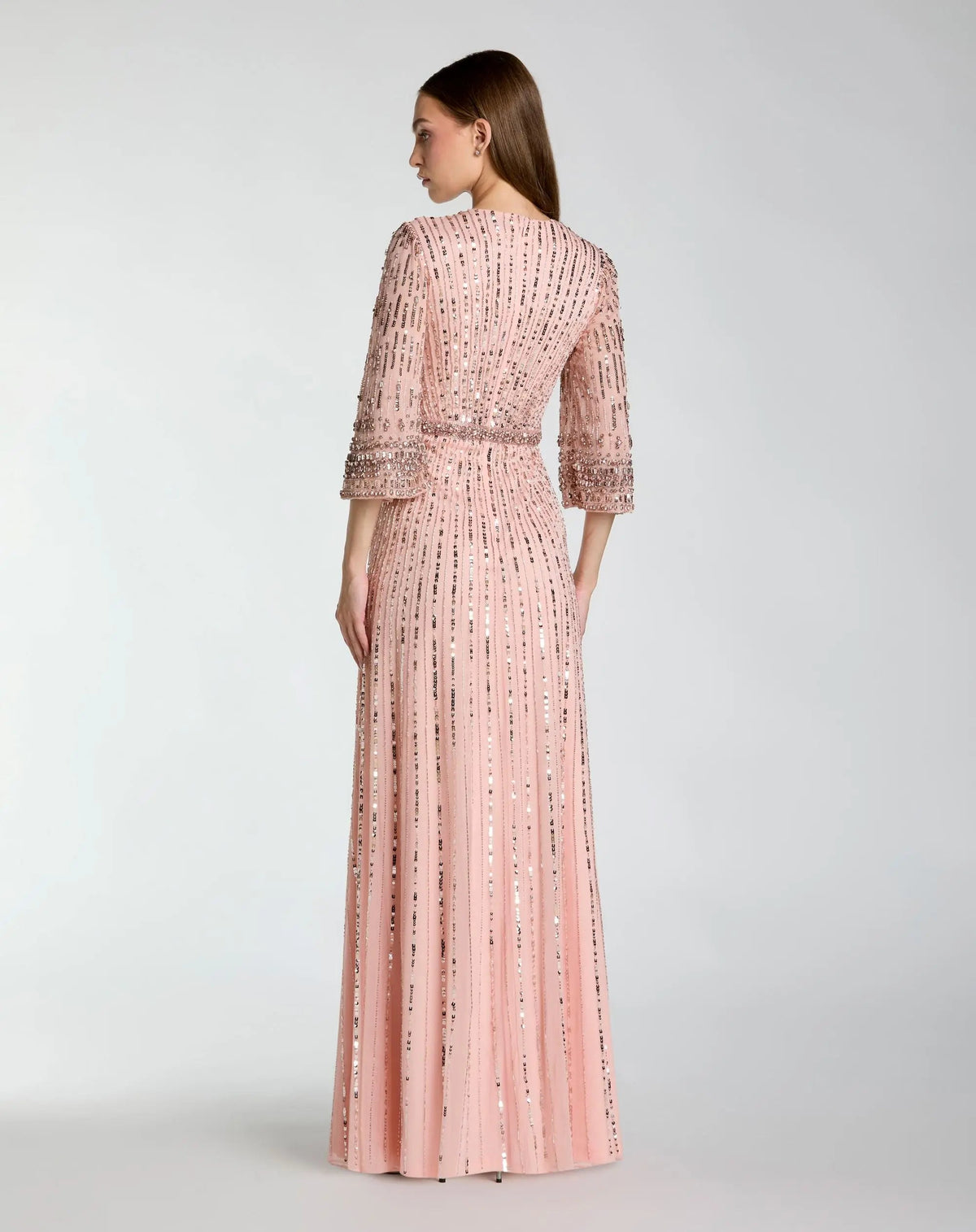 Mac Duggal Pink High Neck Embellished Gown With 3/4 Sleeves