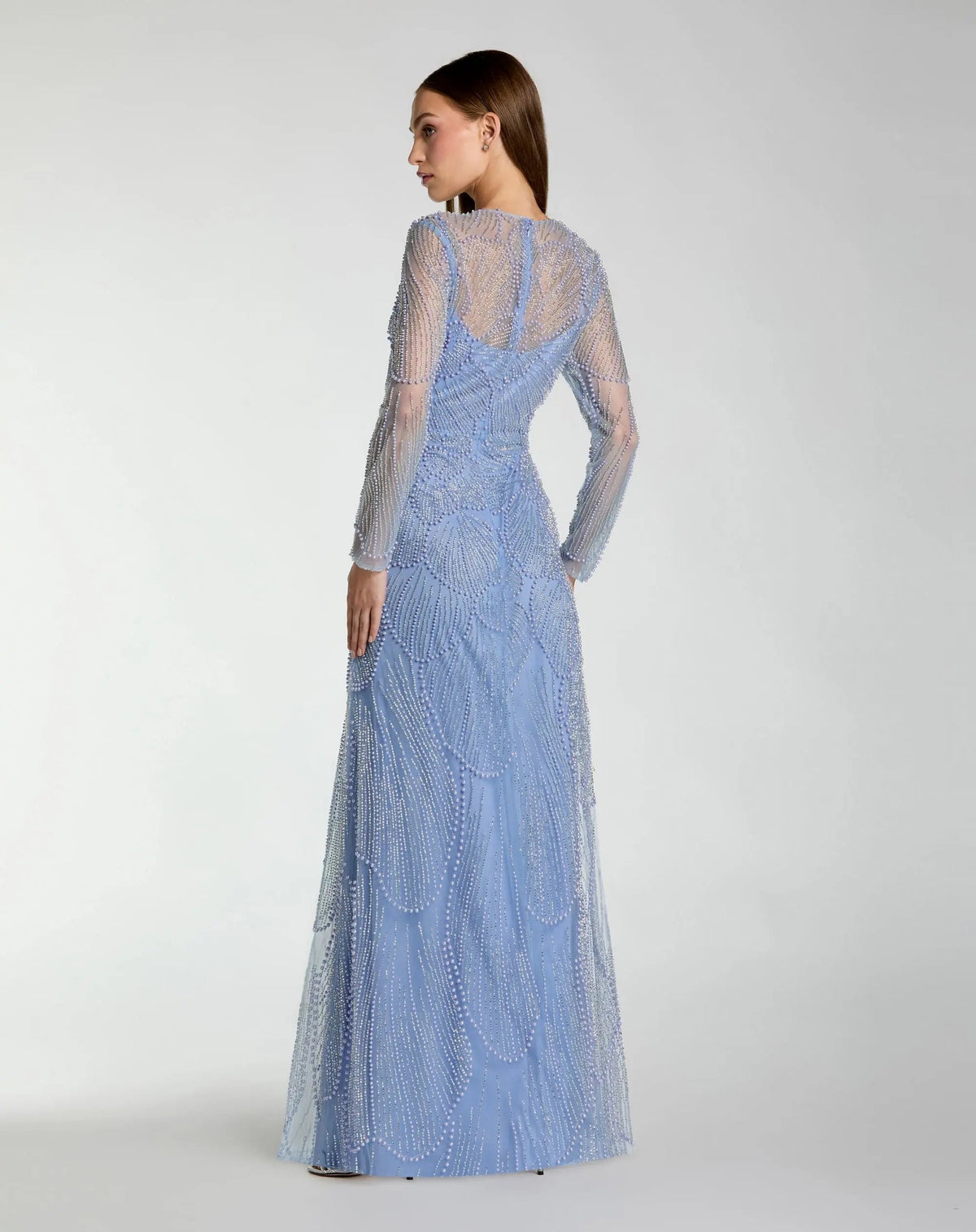 Mac Duggal Blue Beaded High Neck Long Sleeve A Line Gown