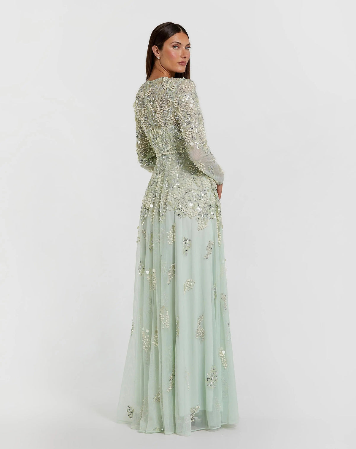 Mac Duggal Green Long Sleeve Sequin Pearl Embellished Gown