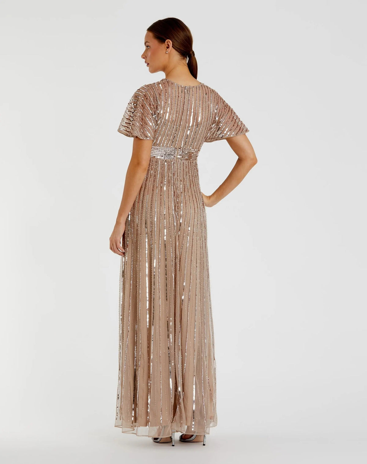 Mac Duggal Beige Embellished Short Sleeve Empire Waist Gown