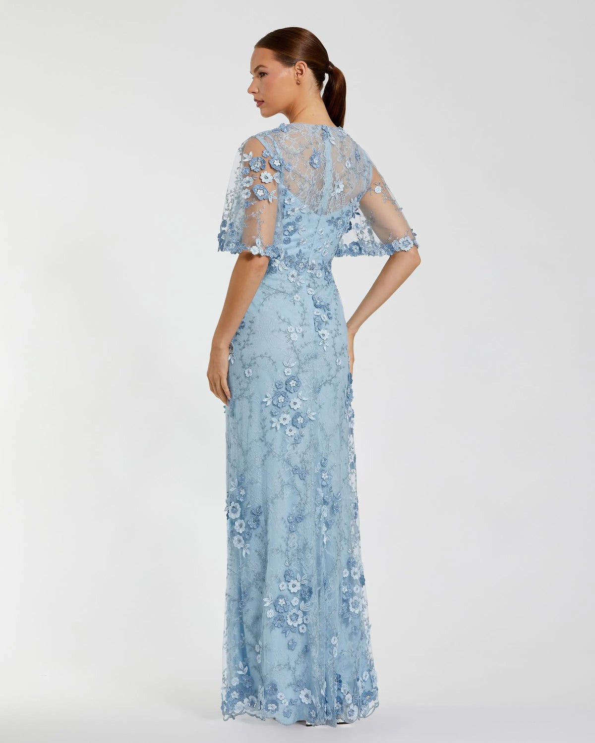Mac Duggal Blue Flutter Sleeve Floral Embroidered Net Gown