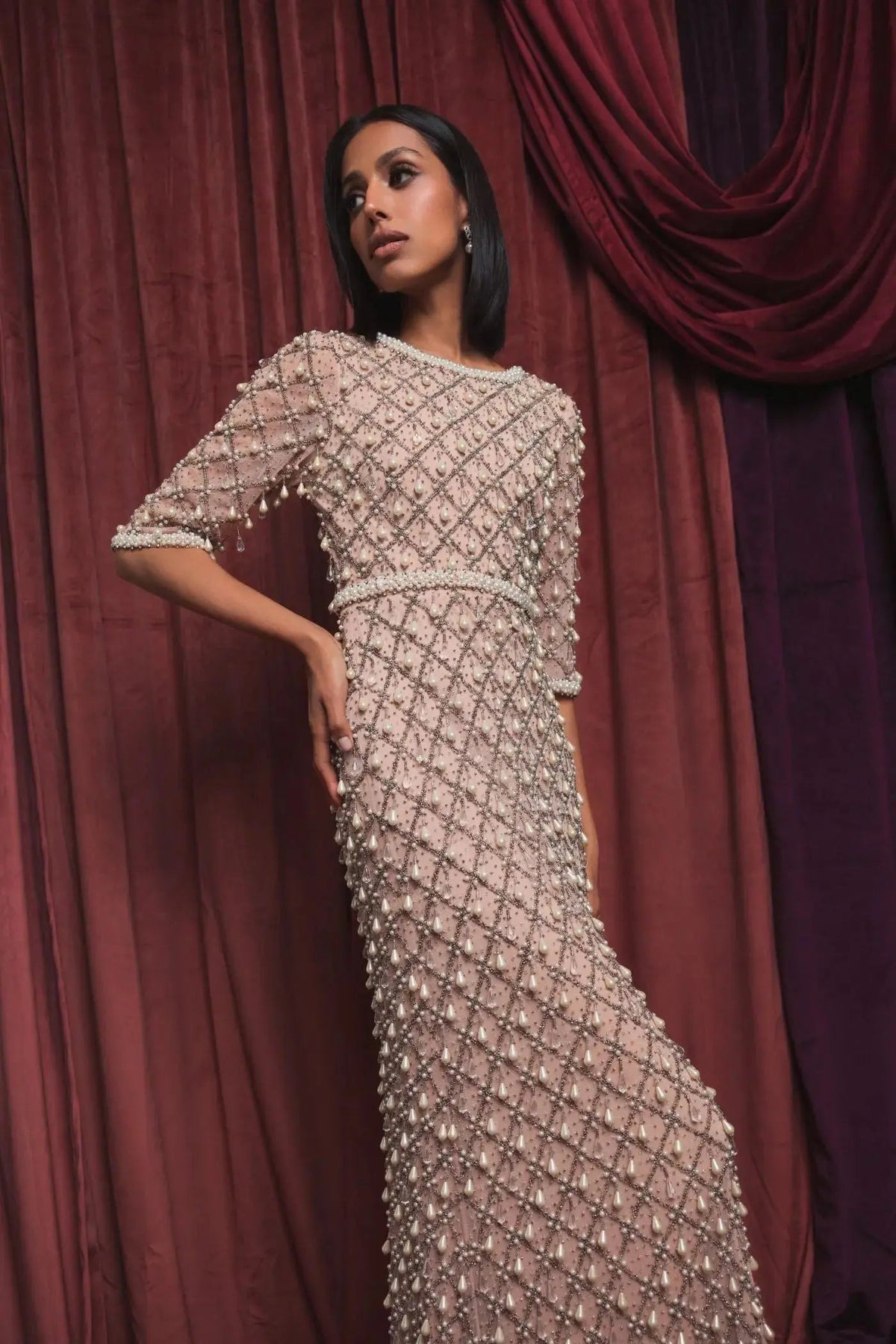 Mac Duggal Pink Pearl Embellished 3/4 Sleeve Gown