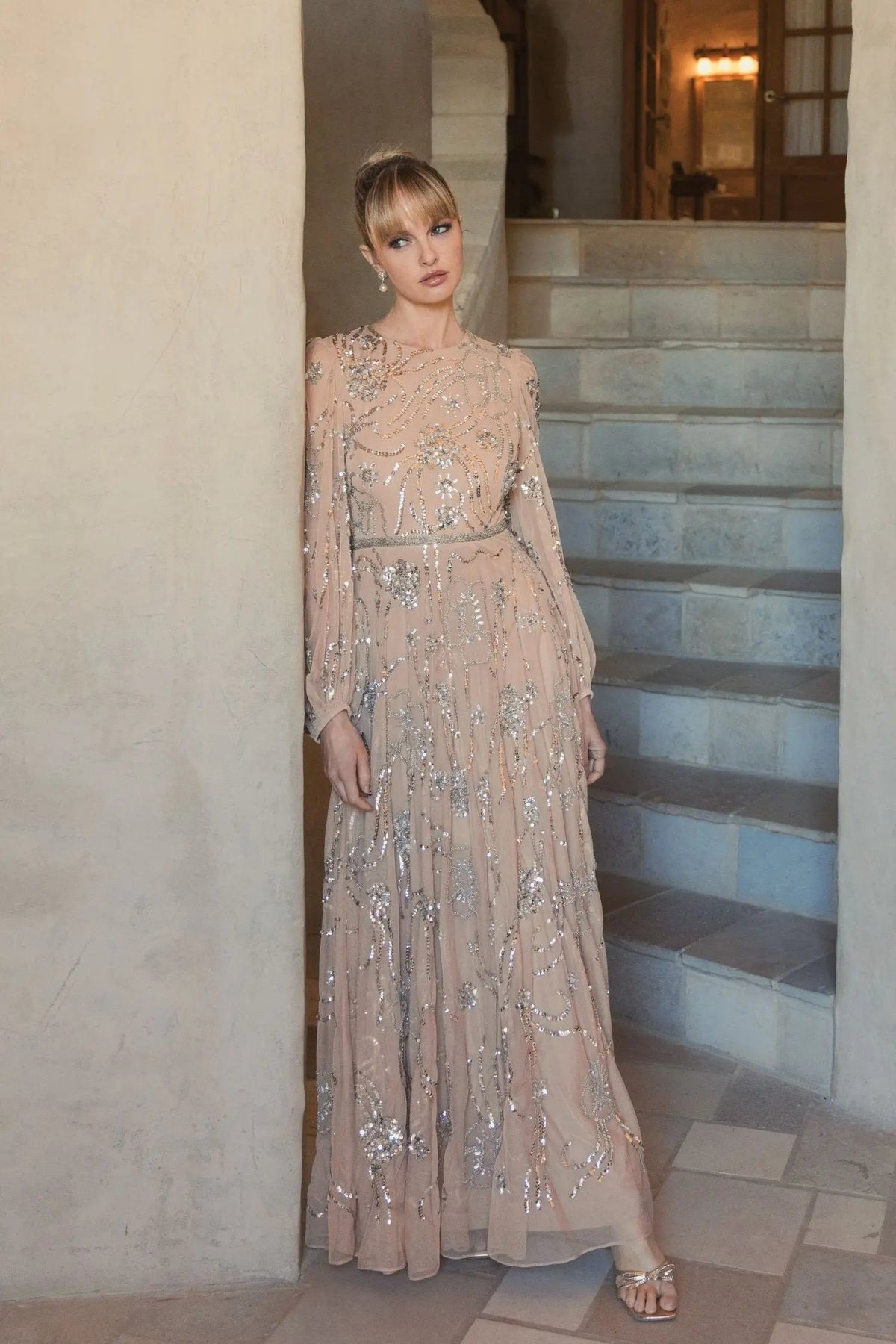 Mac Duggal Beige Embellished High Neck Puff Sleeve Gown