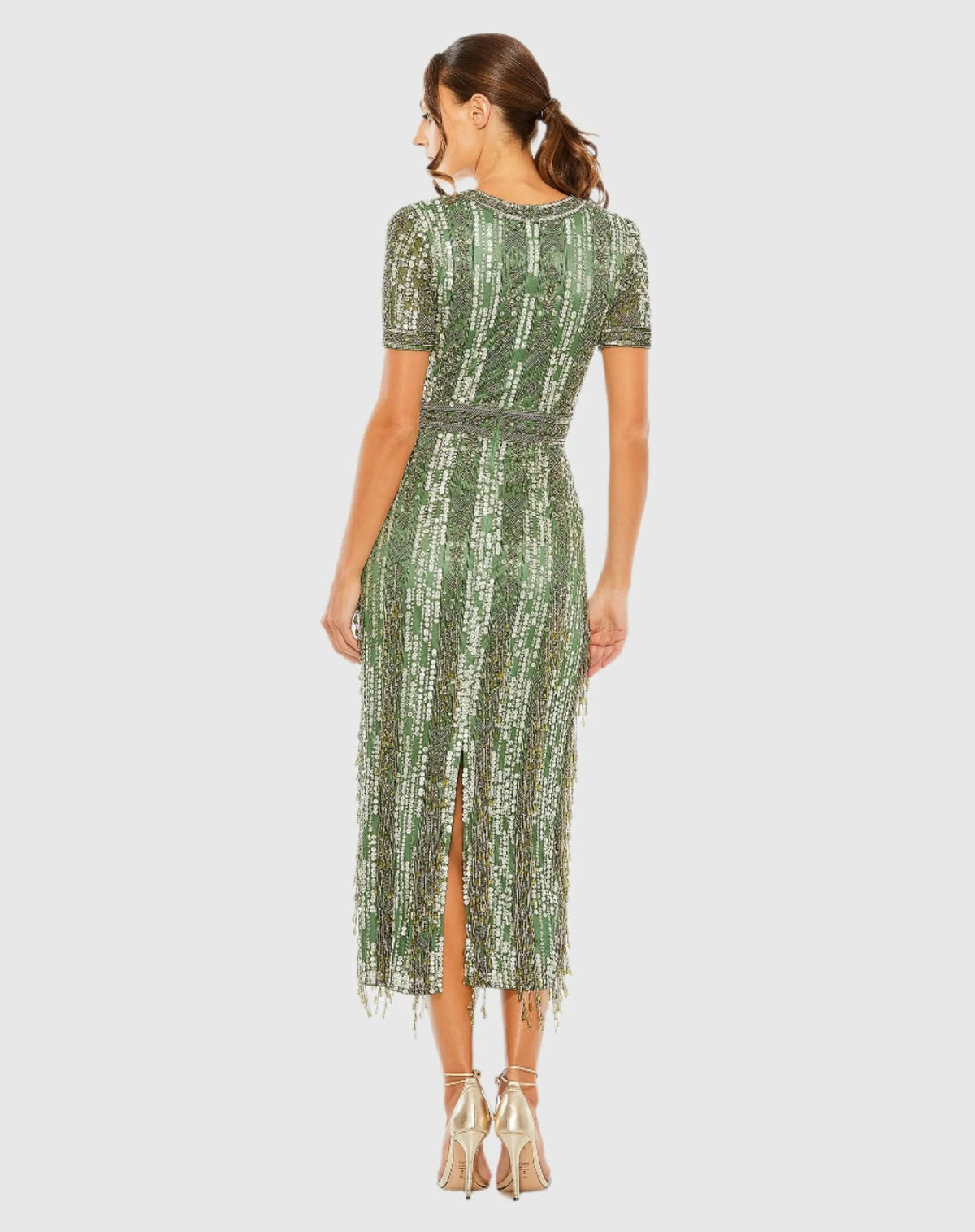 Mac Duggal Green High Neck Short Sleeve Crystal Fringe Column Dress Duggal