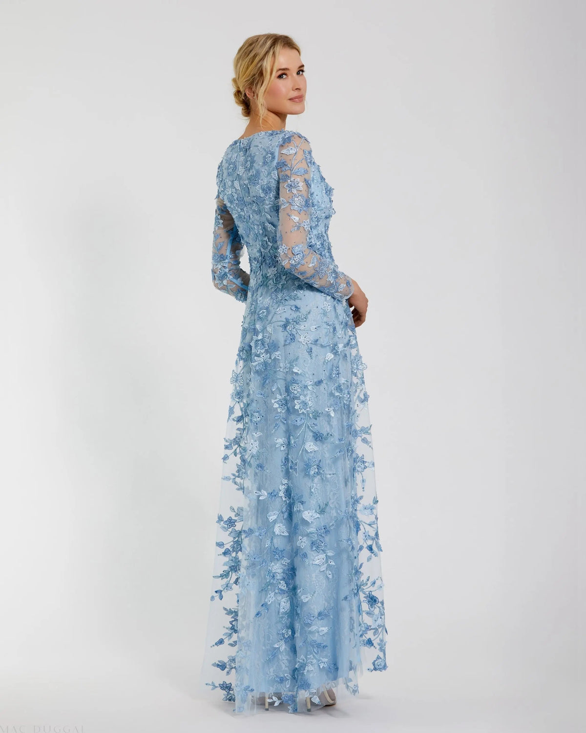 Mac Duggal Blue Floral Applique Long Sleeve Illusion Gown