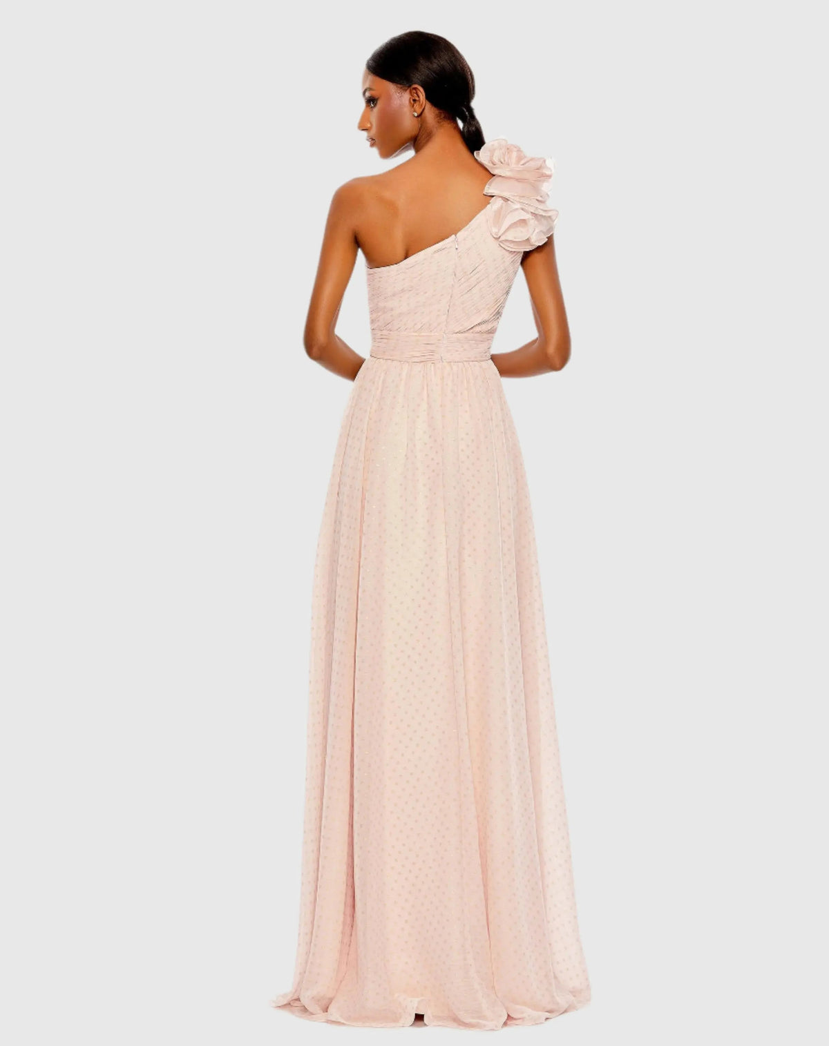 Mac Duggal Pink One Shoulder Polka Dot Chiffon Gown With Ruffle Detail