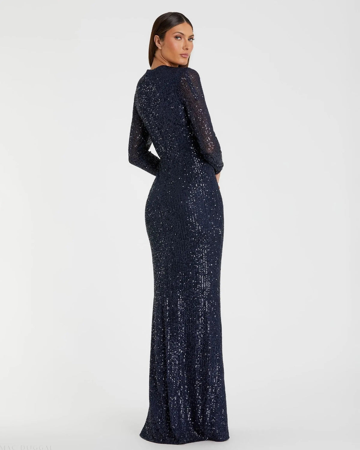Mac Duggal Navy Sequined Long Sleeve Side Knot Gown