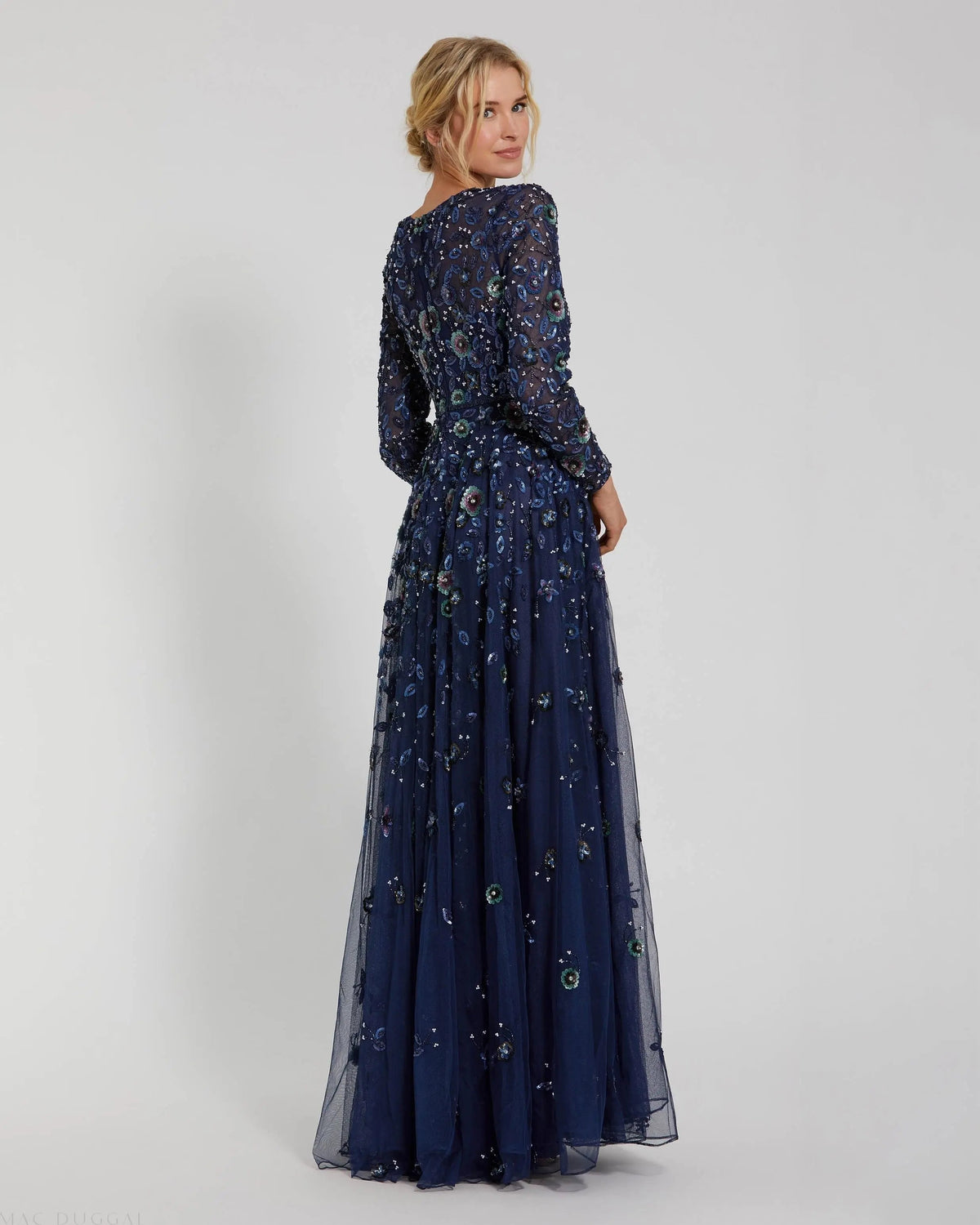 Mac Duggal Navy Embellished High Neck Long Sleeve A Line Gown