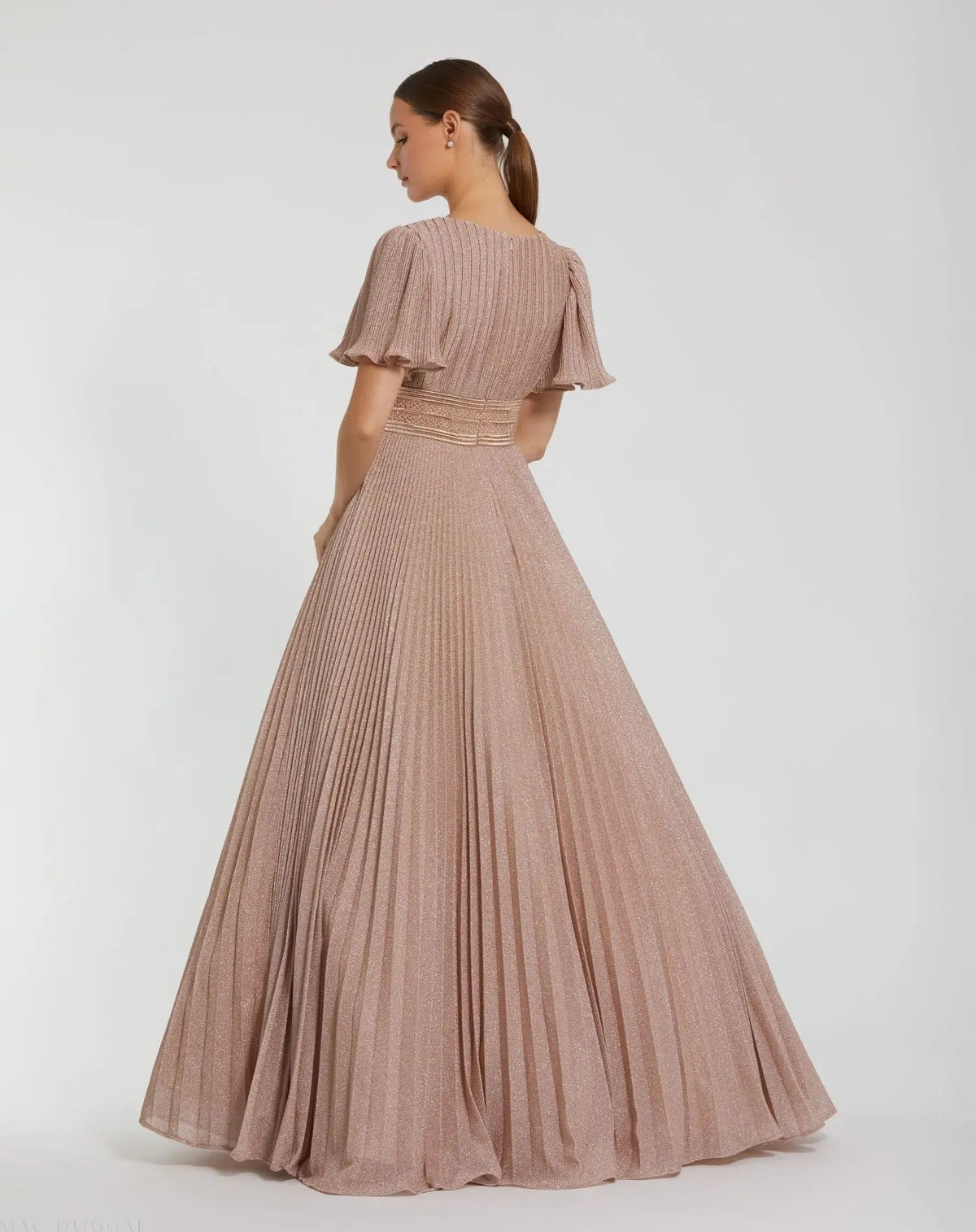 Mac Duggal Pink Pleated Shimmering Flutter Sleeve Ball Gown