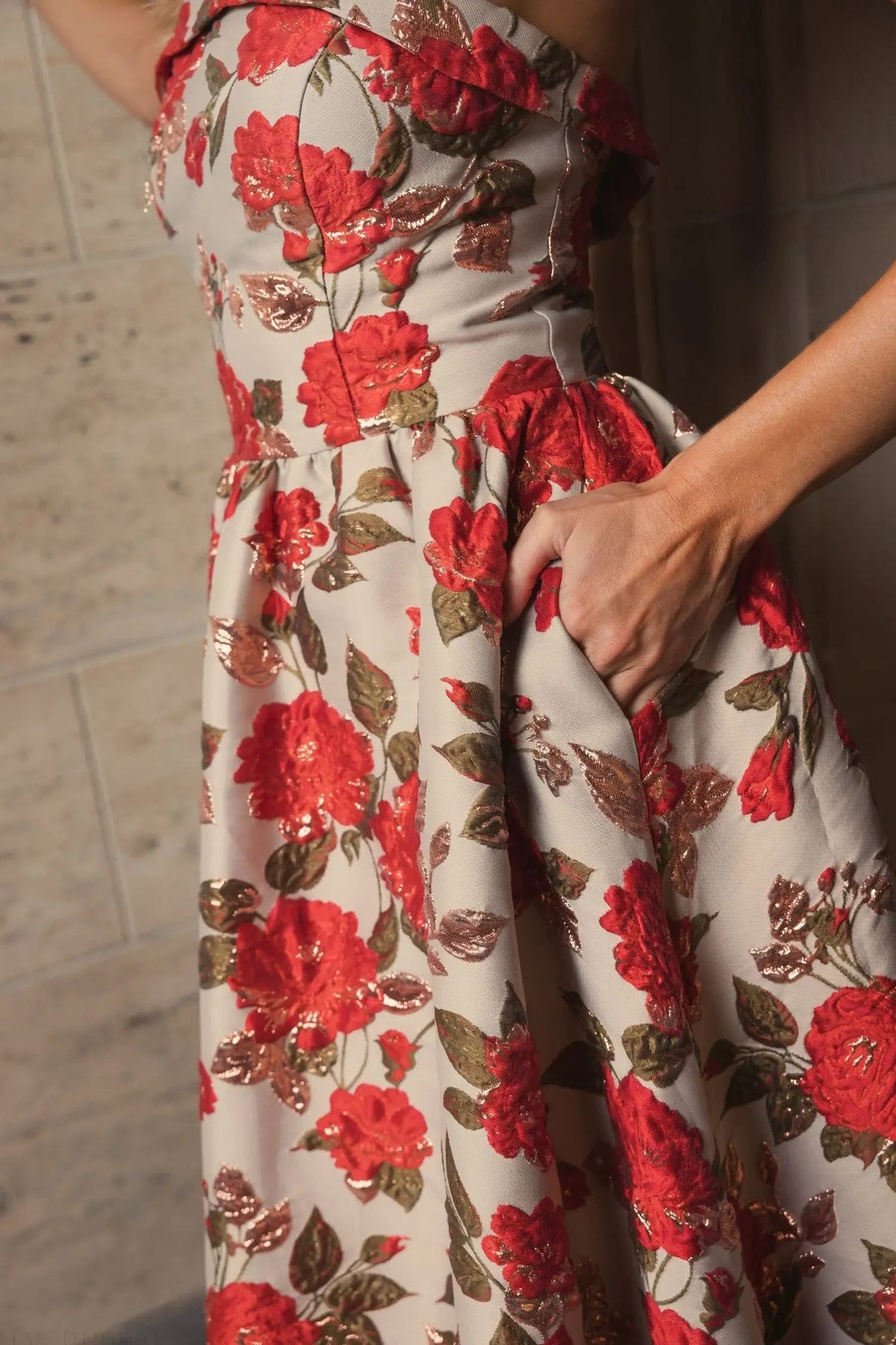 Mac Duggal Multicolor Brocade Strapless Floral Gown With Ruffle Hem