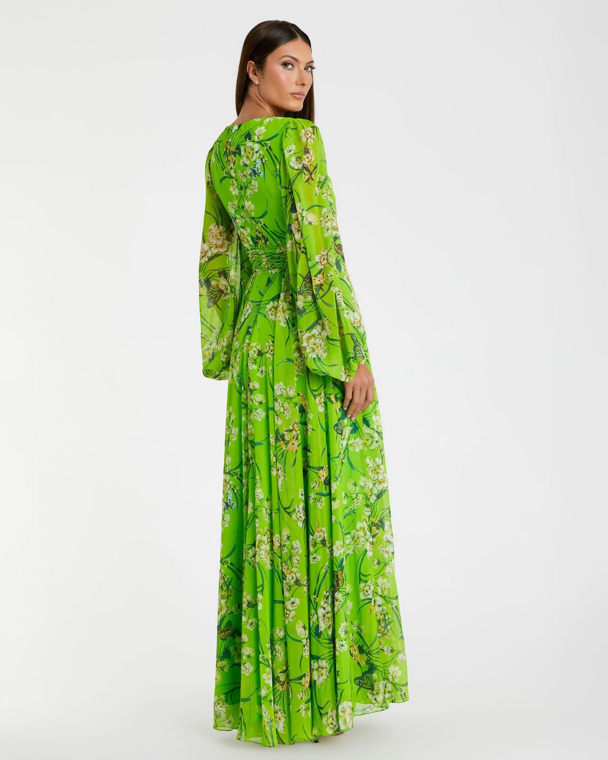 Mac Duggal Green Puff Sleeve Floral Chiffon Gown