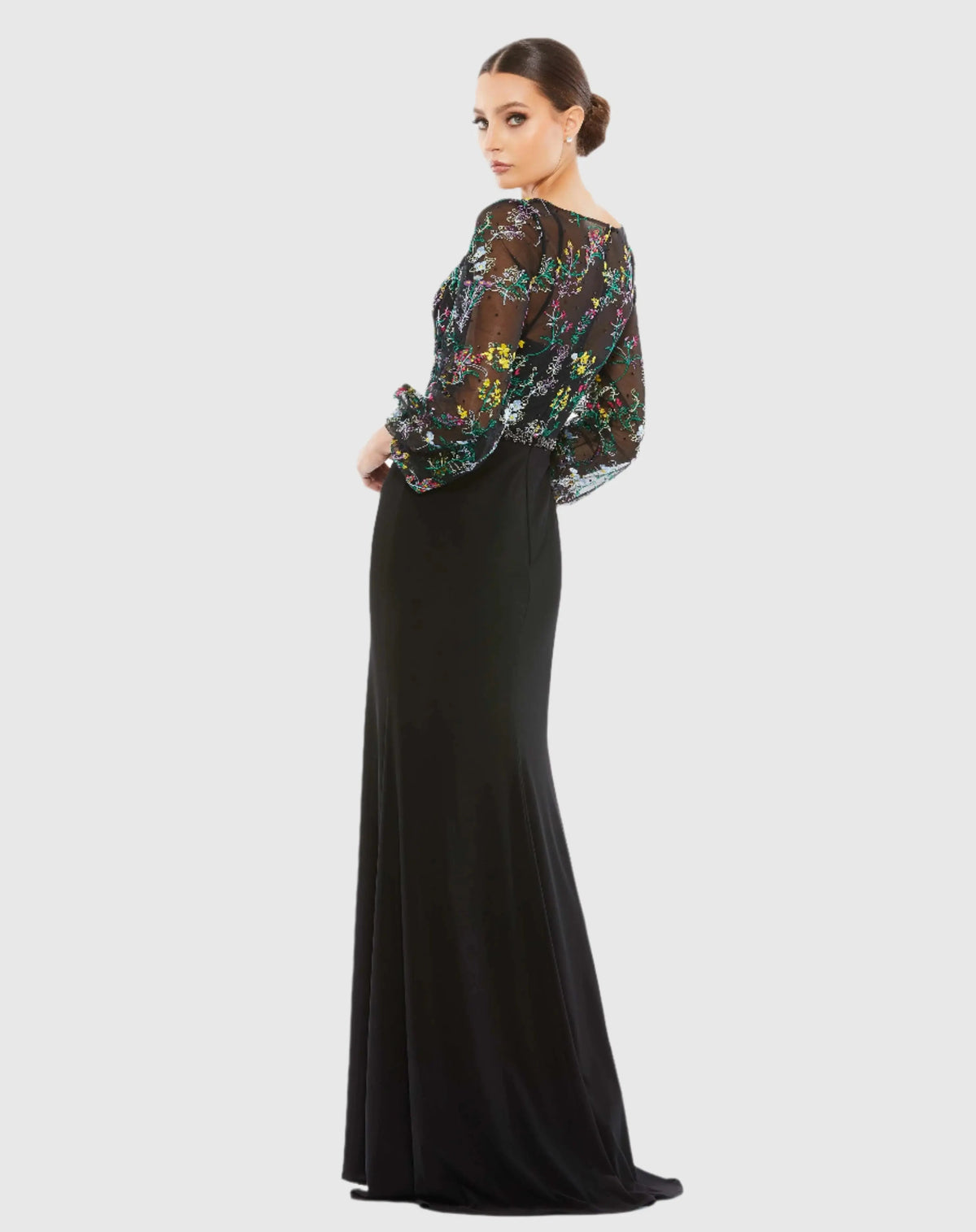 Mac Duggal Black Embroidered Illusion Puff Sleeve Column Gown