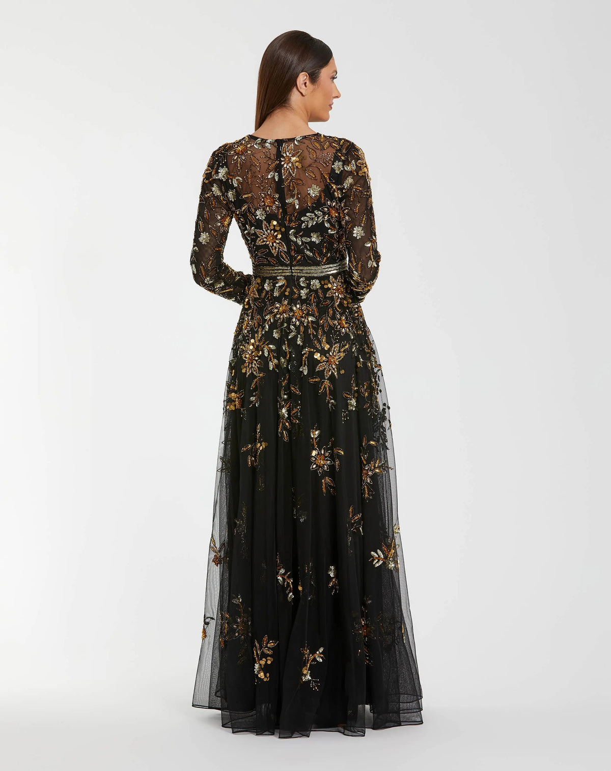Mac Duggal Black Hand Embellished Long Sleeve A Line Gown