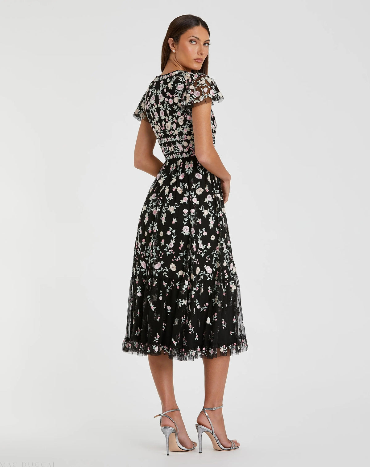 Mac Duggal Black Multicolor Embroidered V Neck Cap Sleeve Midi Dress