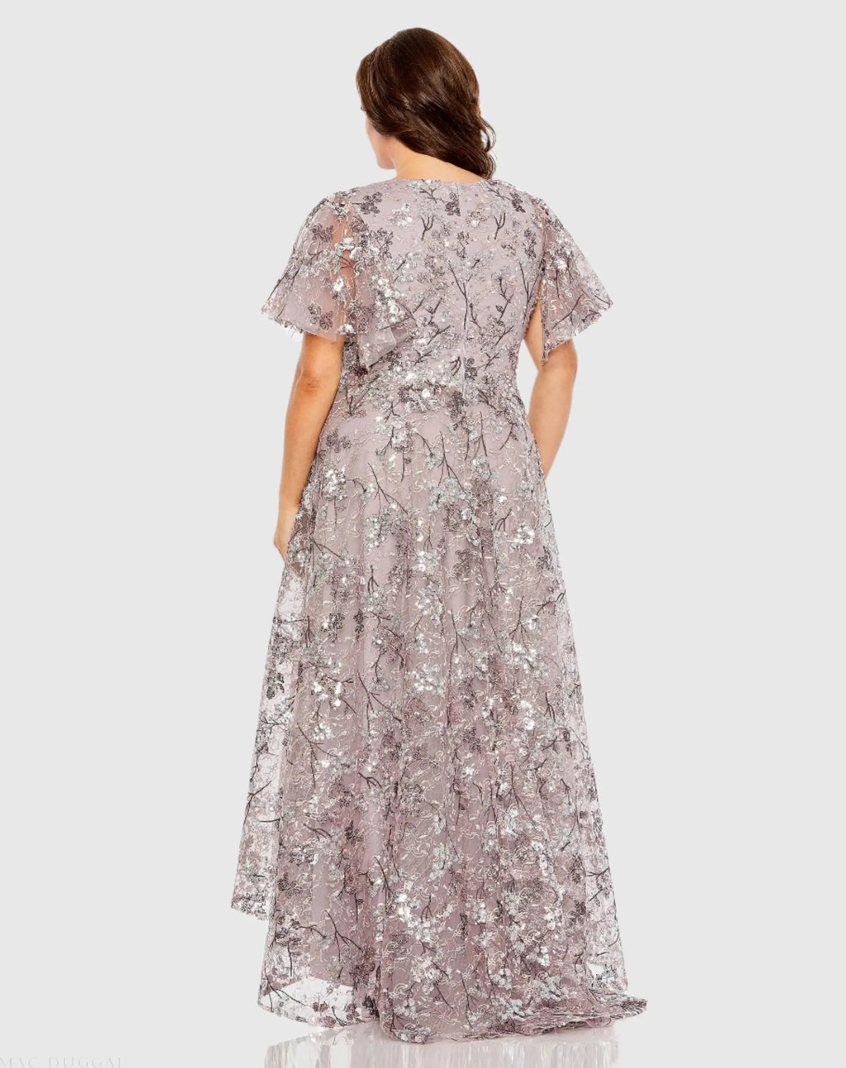 Mac Duggal Purple V Neck Flutter Sleeve A Line Embellished Gown (Plus)