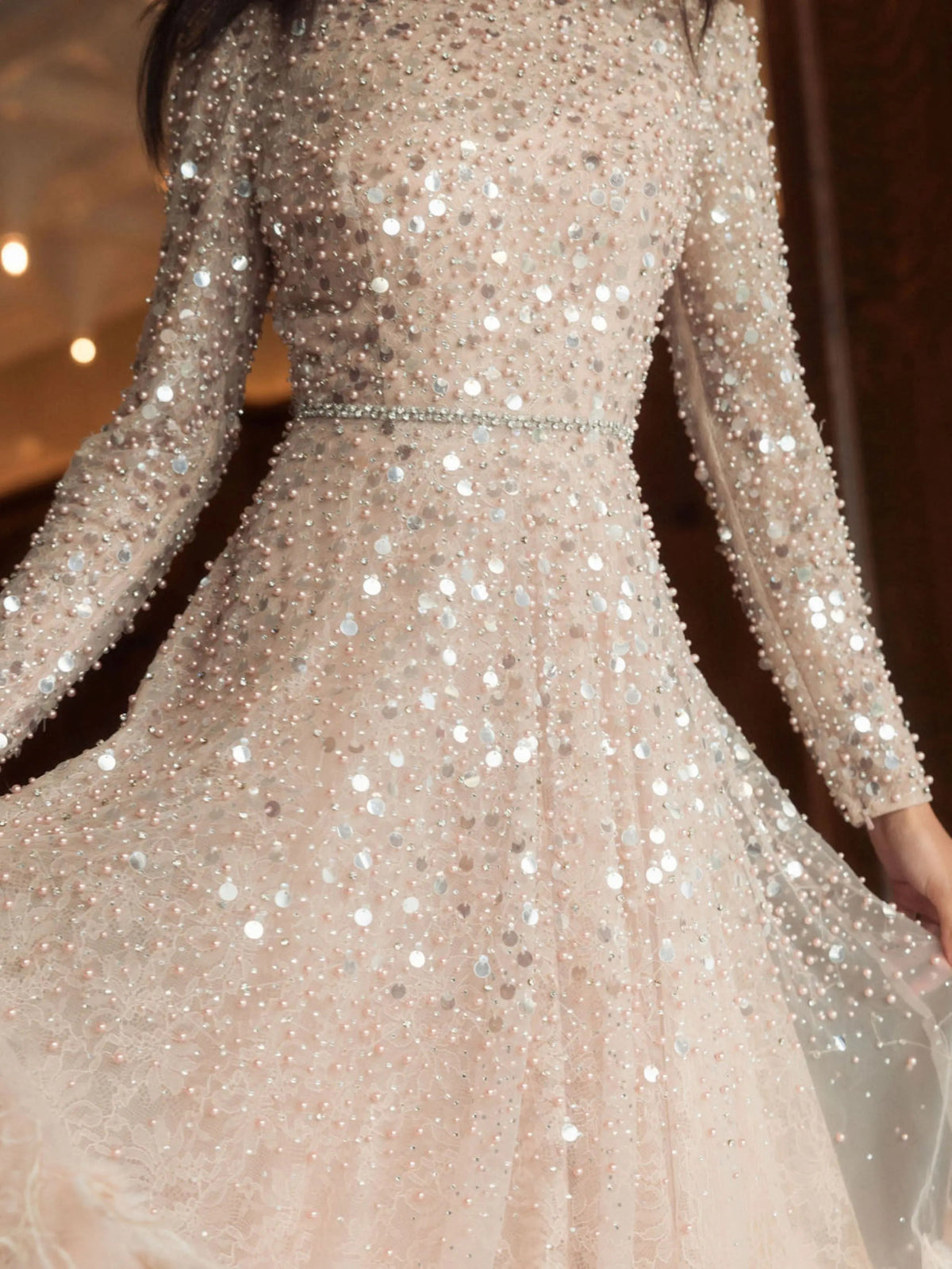 Mac Duggal Disc Embellished Sequin Dress with Feather Detail