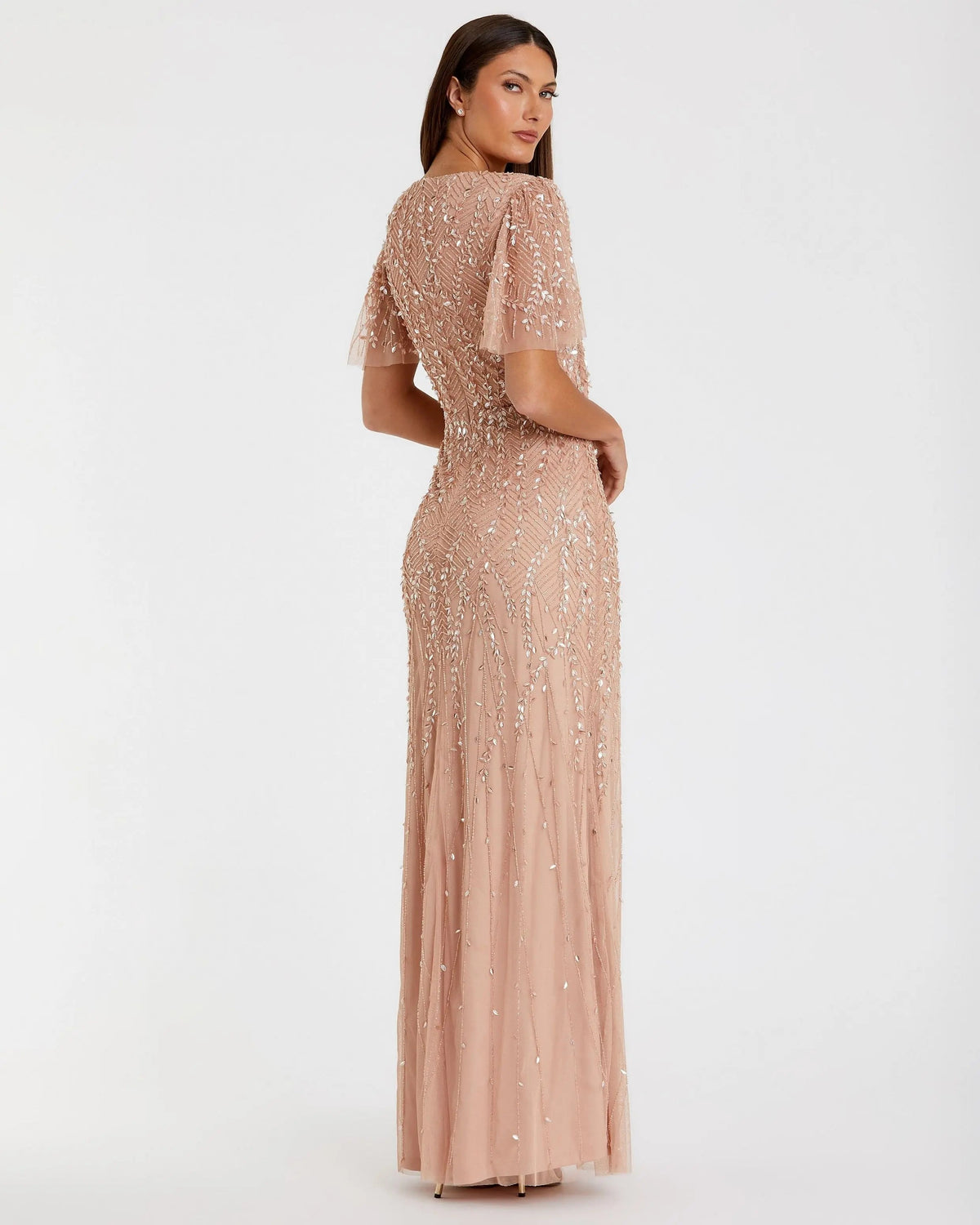Mac Duggal Pink Embellished Flutter Sleeve Gown