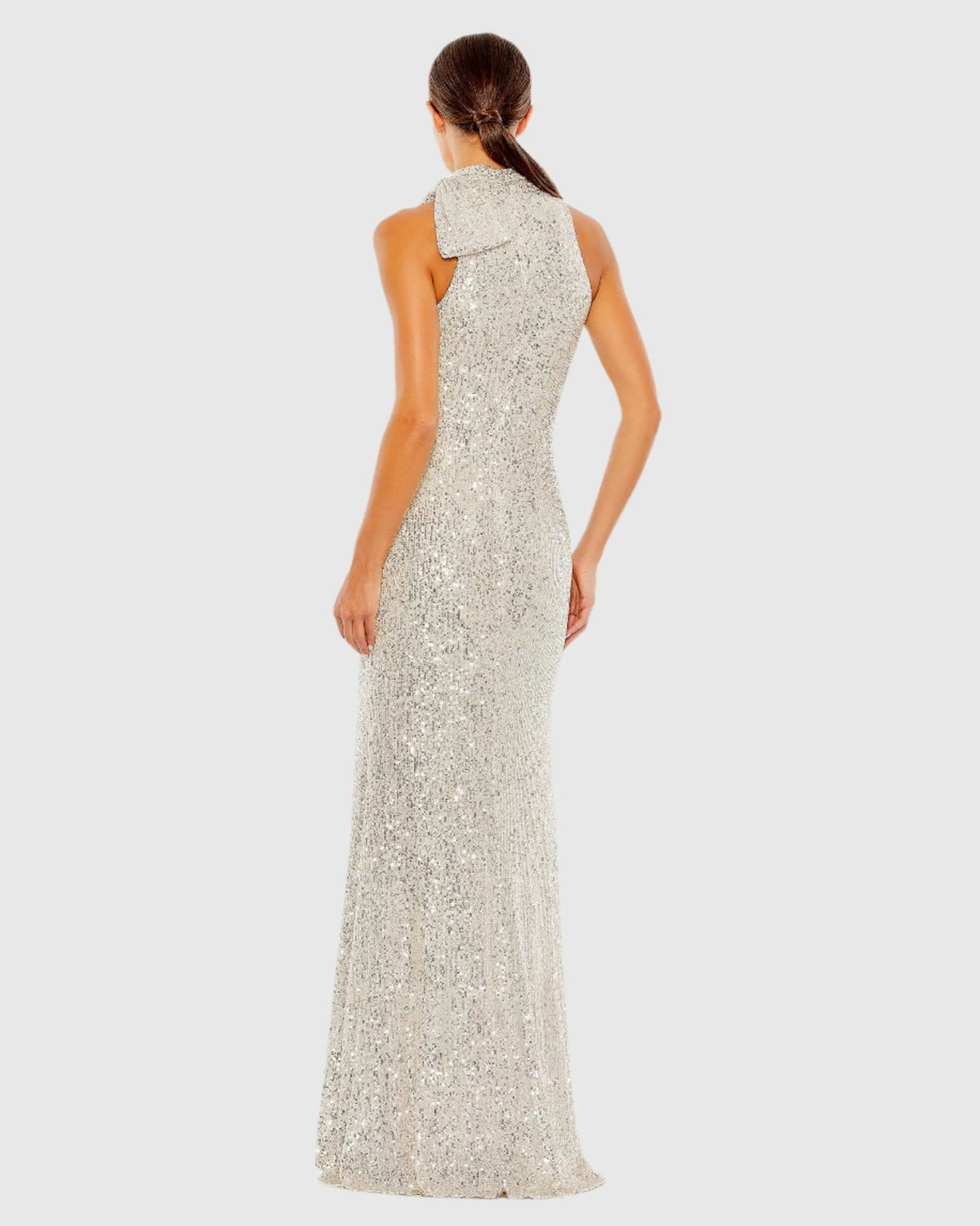 Mac Duggal Silver Soft Tie Halter Neck Sequin Gown