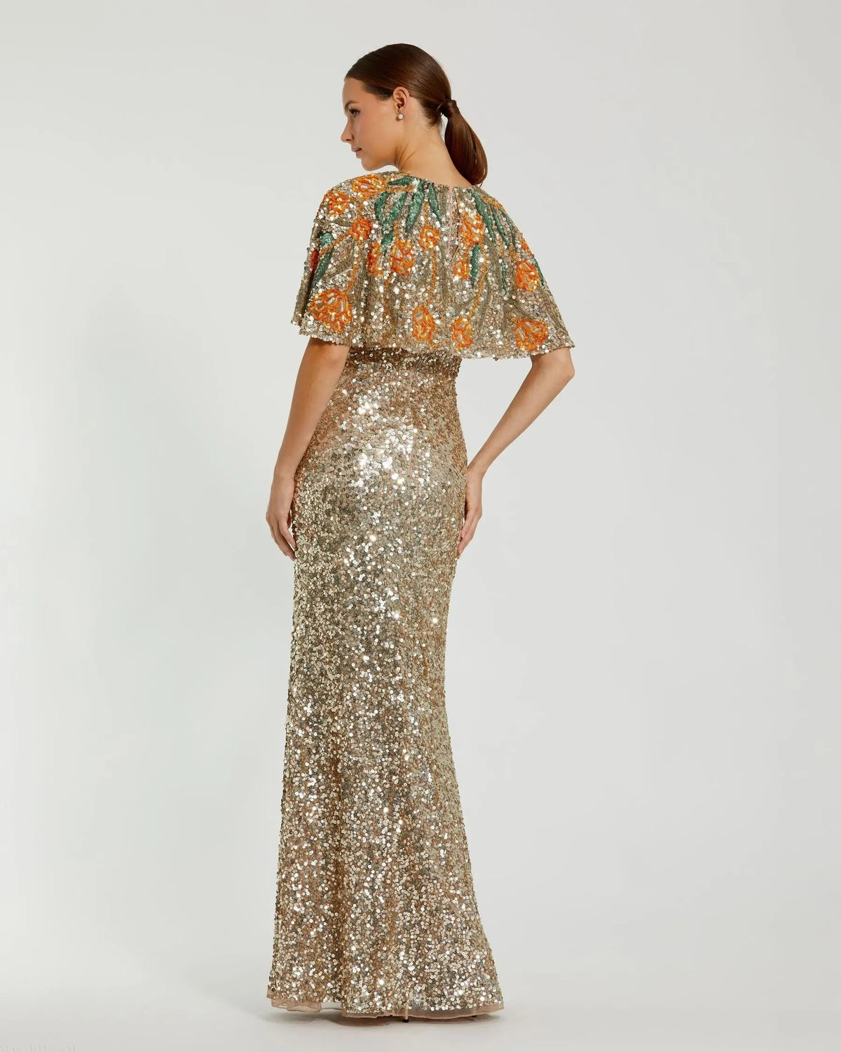Mac Duggal Gold Embellished Gown With Floral Beaded Shawl