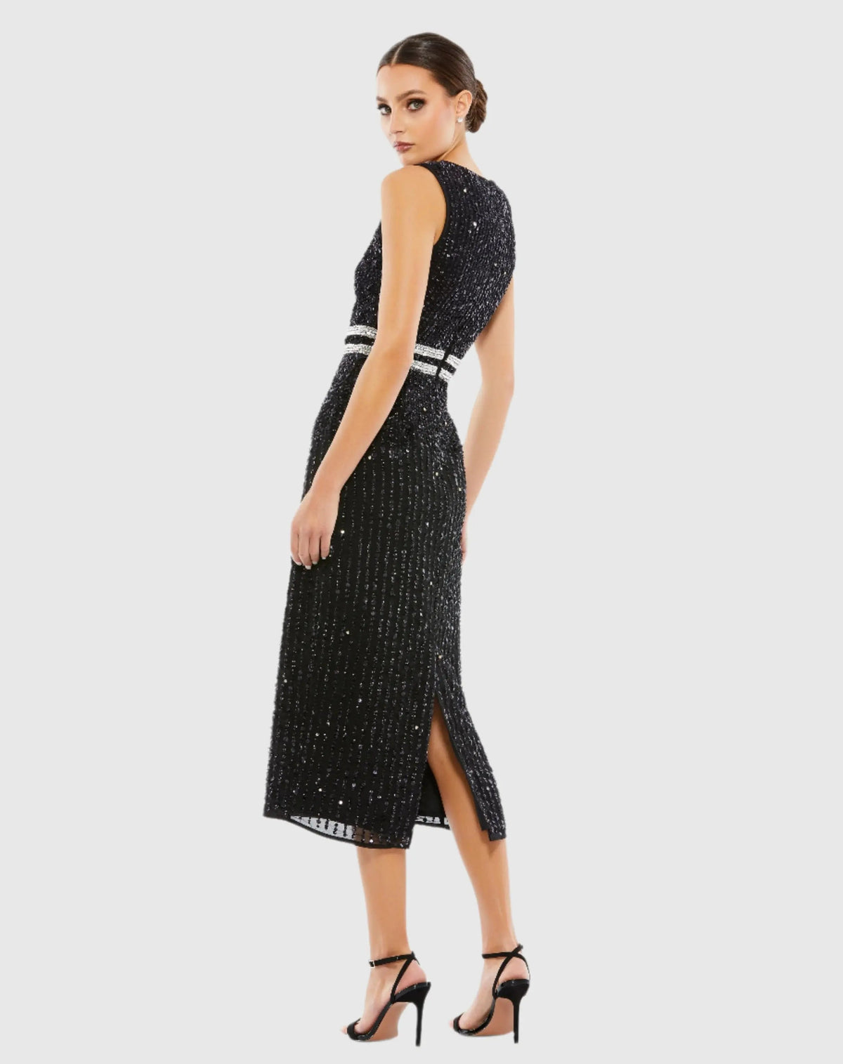 Mac Duggal Black Sleeveless High Neck Beaded Midi Sheath Dress Duggal