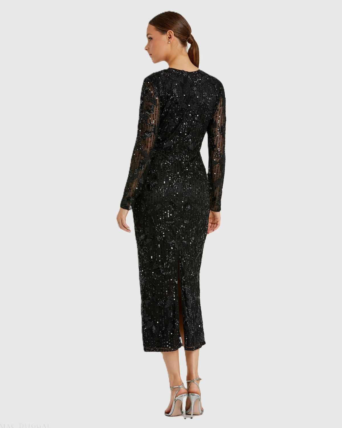 Mac Duggal Black High Neck Long Sleeve Embellished Dress