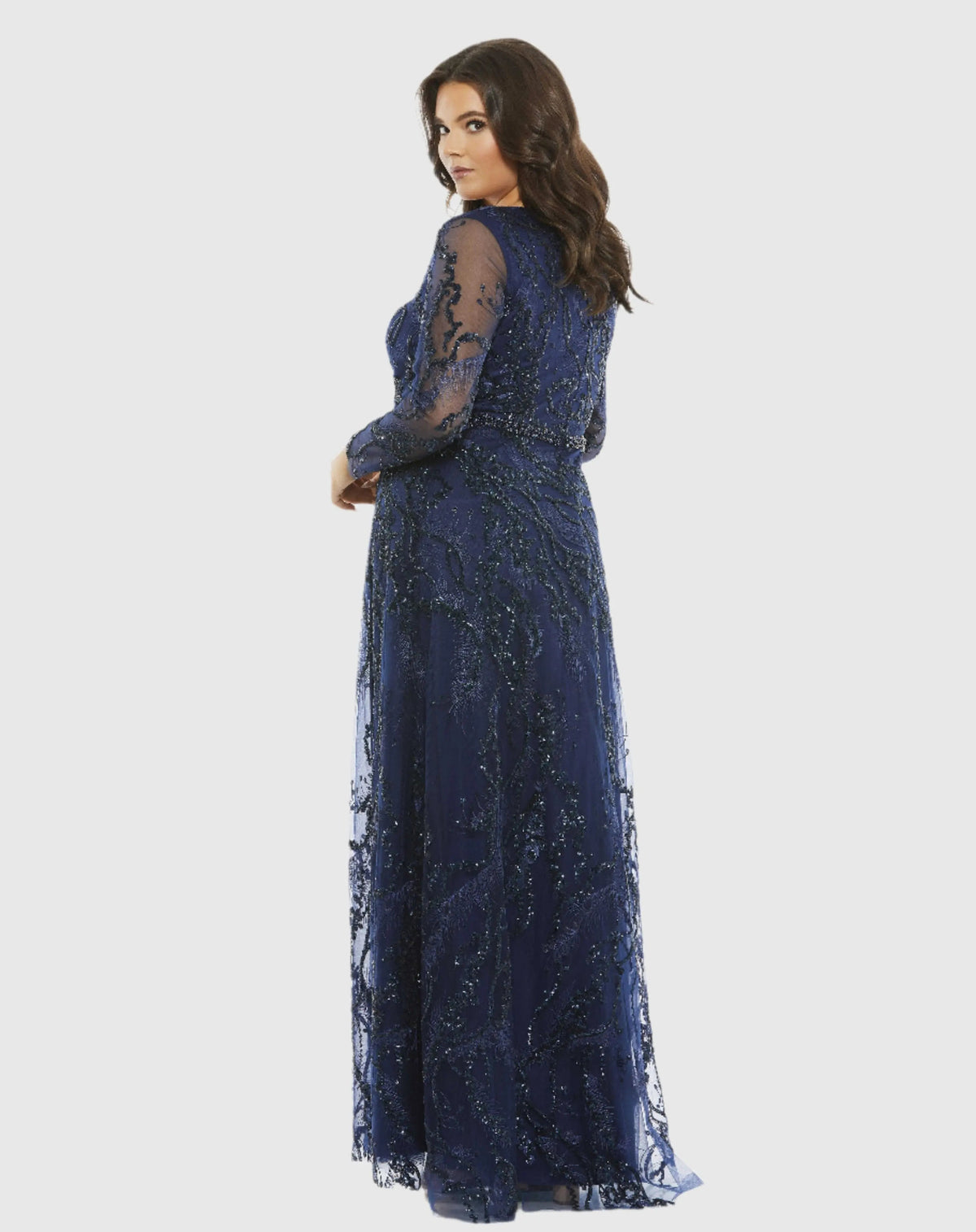 Mac Duggal Embellished Illusion Long Sleeve V-Neck A-Line Gown (Plus)