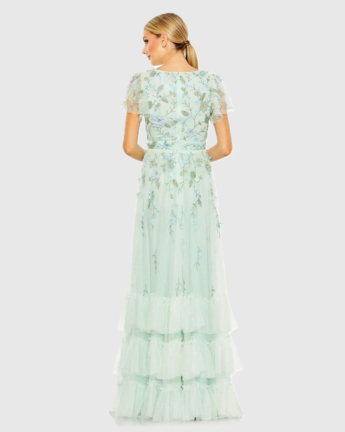 Mac Duggal Green Ruffle Tiered Embellished Faux Wrap Flutter Sleeve Gown