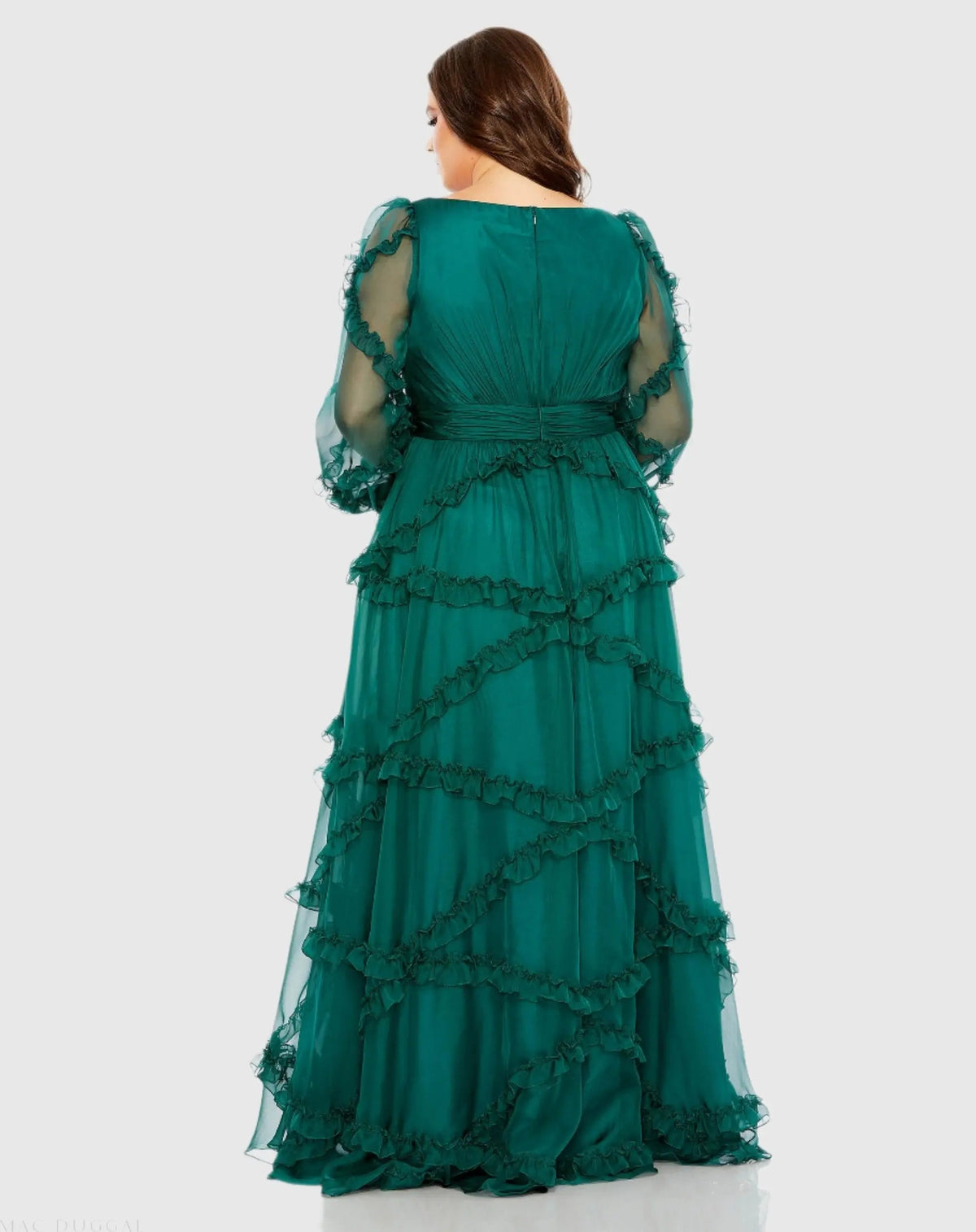 Mac Duggal Green V Neck Ruffle Tiered Puff Sleeve Gown (Plus)