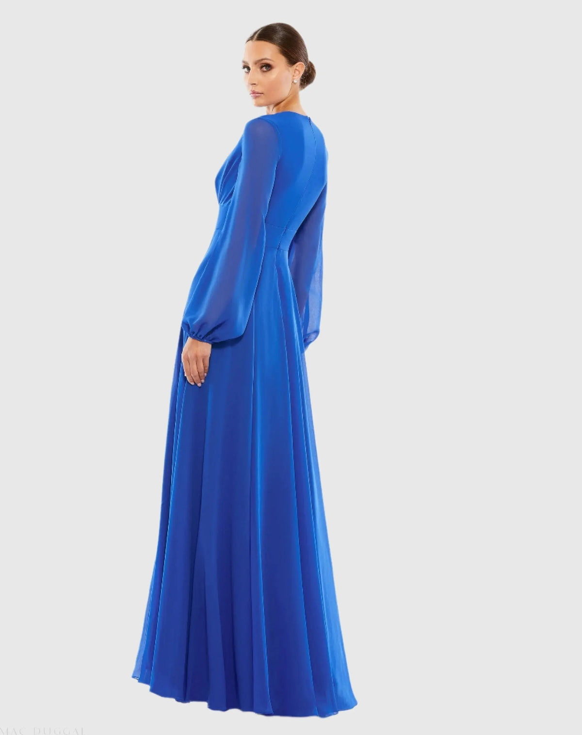 Mac Duggal Blue V-Neck Illusion Long Sleeve Chiffon Gown Duggal