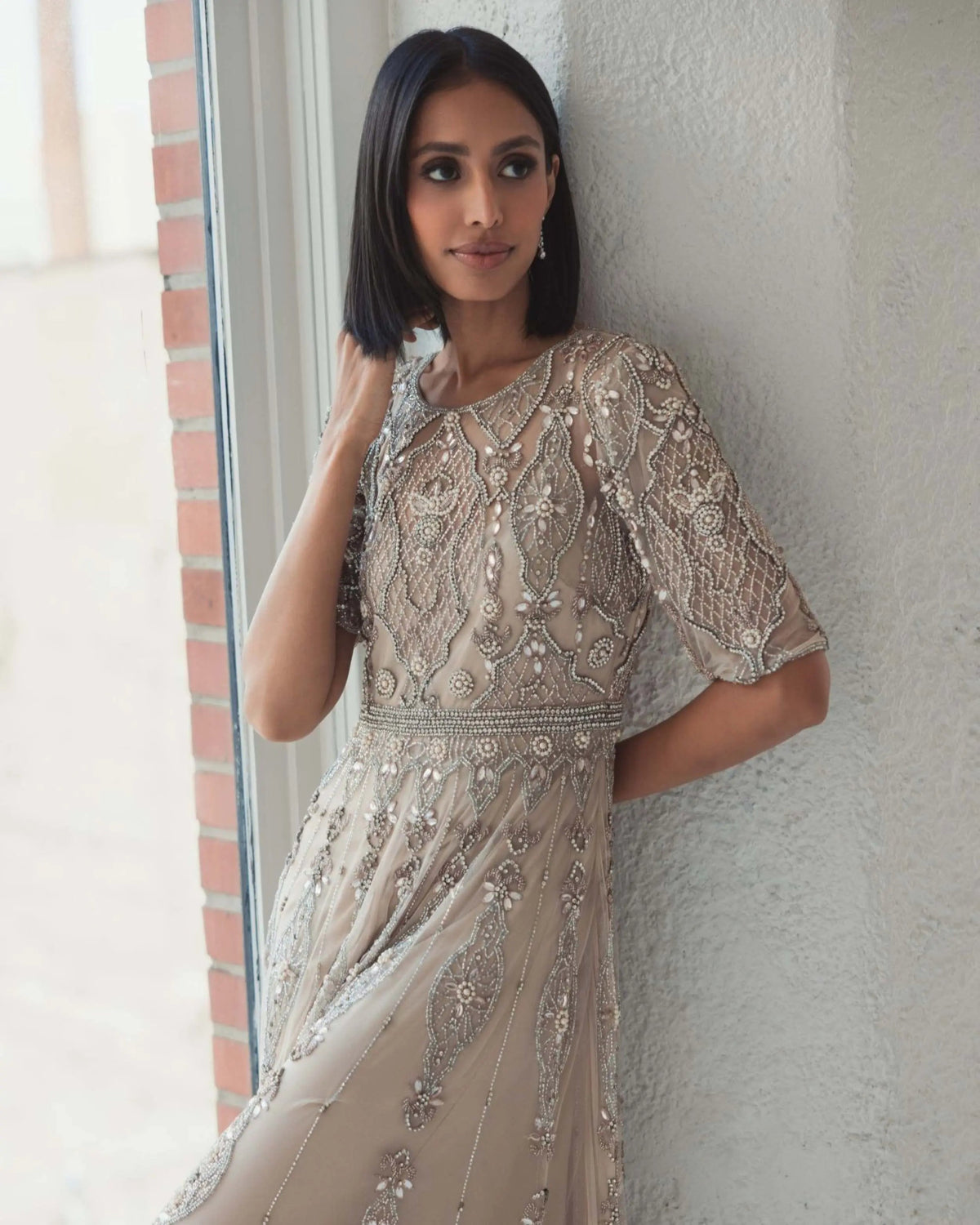Mac Duggal Beige 3/4 Sleeve Embellished A-line Gown