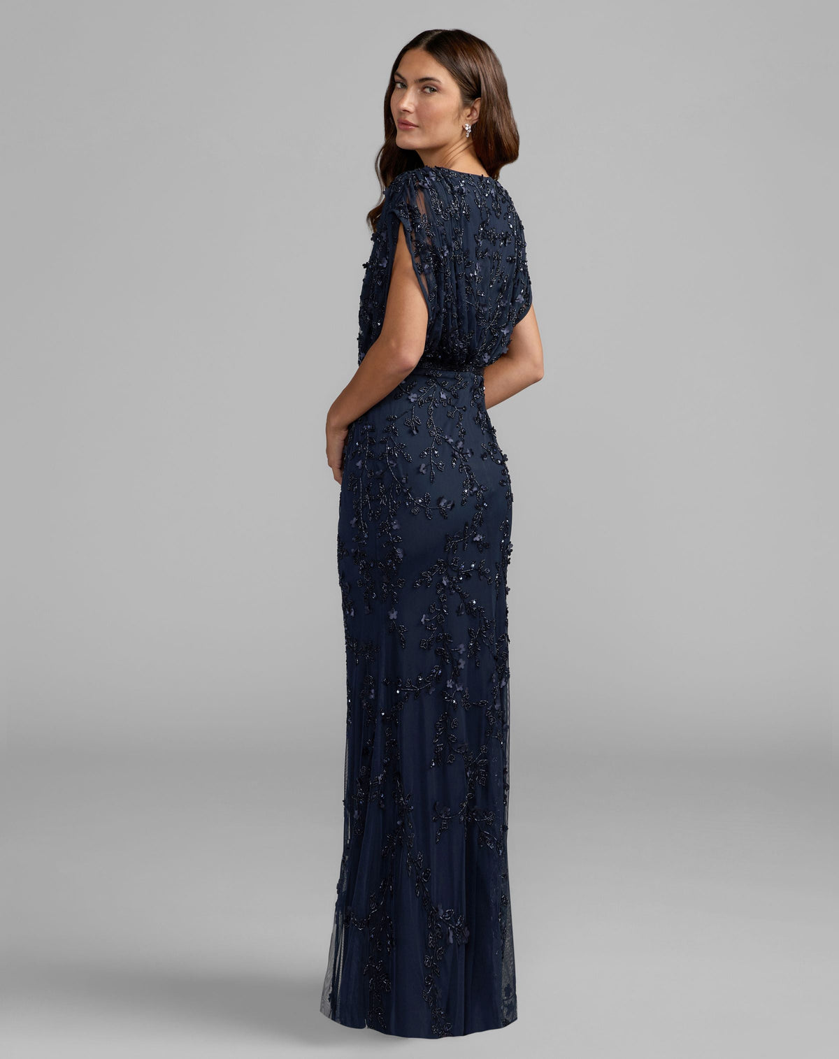Mac Duggal Navy Beaded V-Neck Short Sleeve Blouson Gown