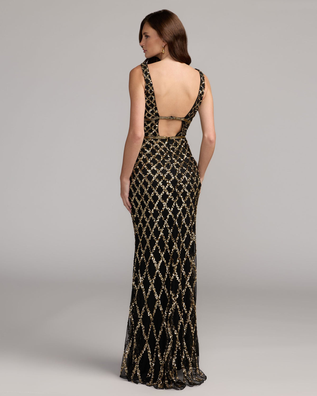 Mac Duggal Black Gold Sequin Embellished Sleeveless Column Gown