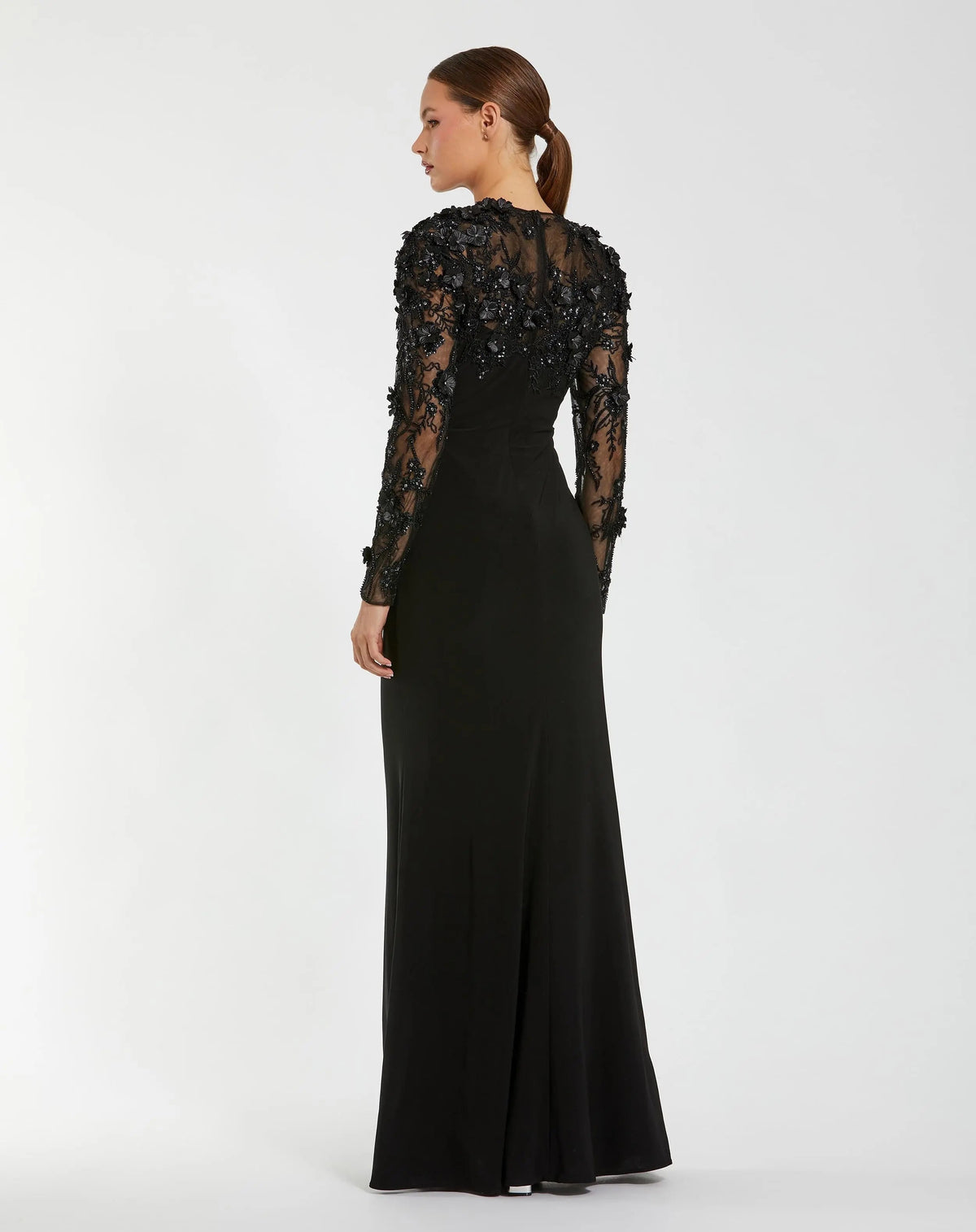 Mac Duggal Black Long Sleeve Floral Embellished Column Gown