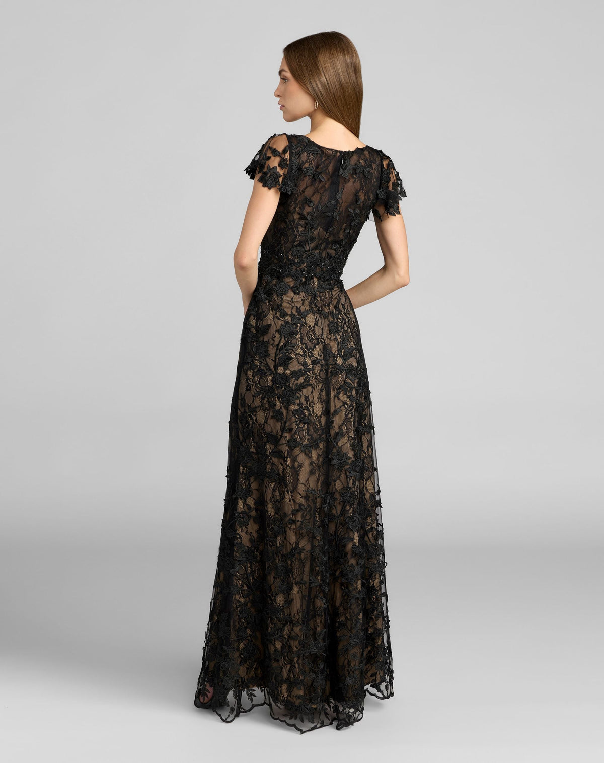 Mac Duggal Black Floral Embroidered Flutter Sleeve Gown