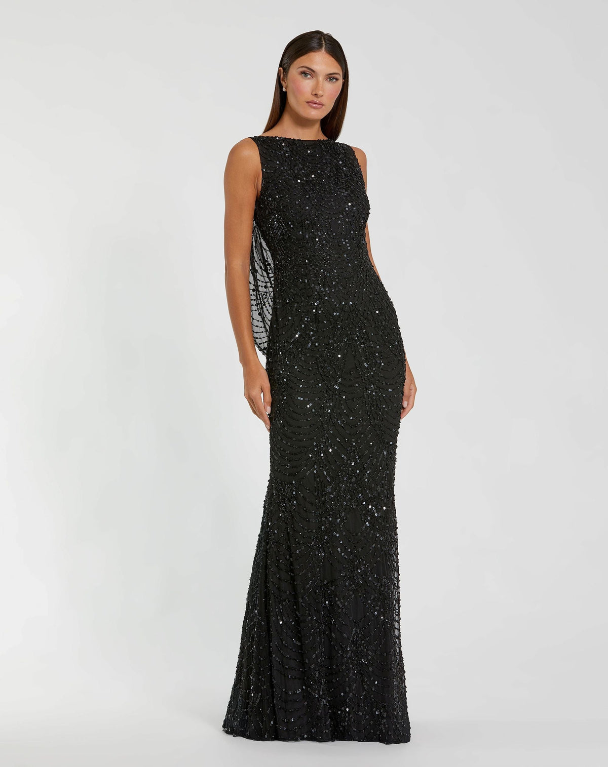 Mac Duggal Black Beaded Open Back Column Gown